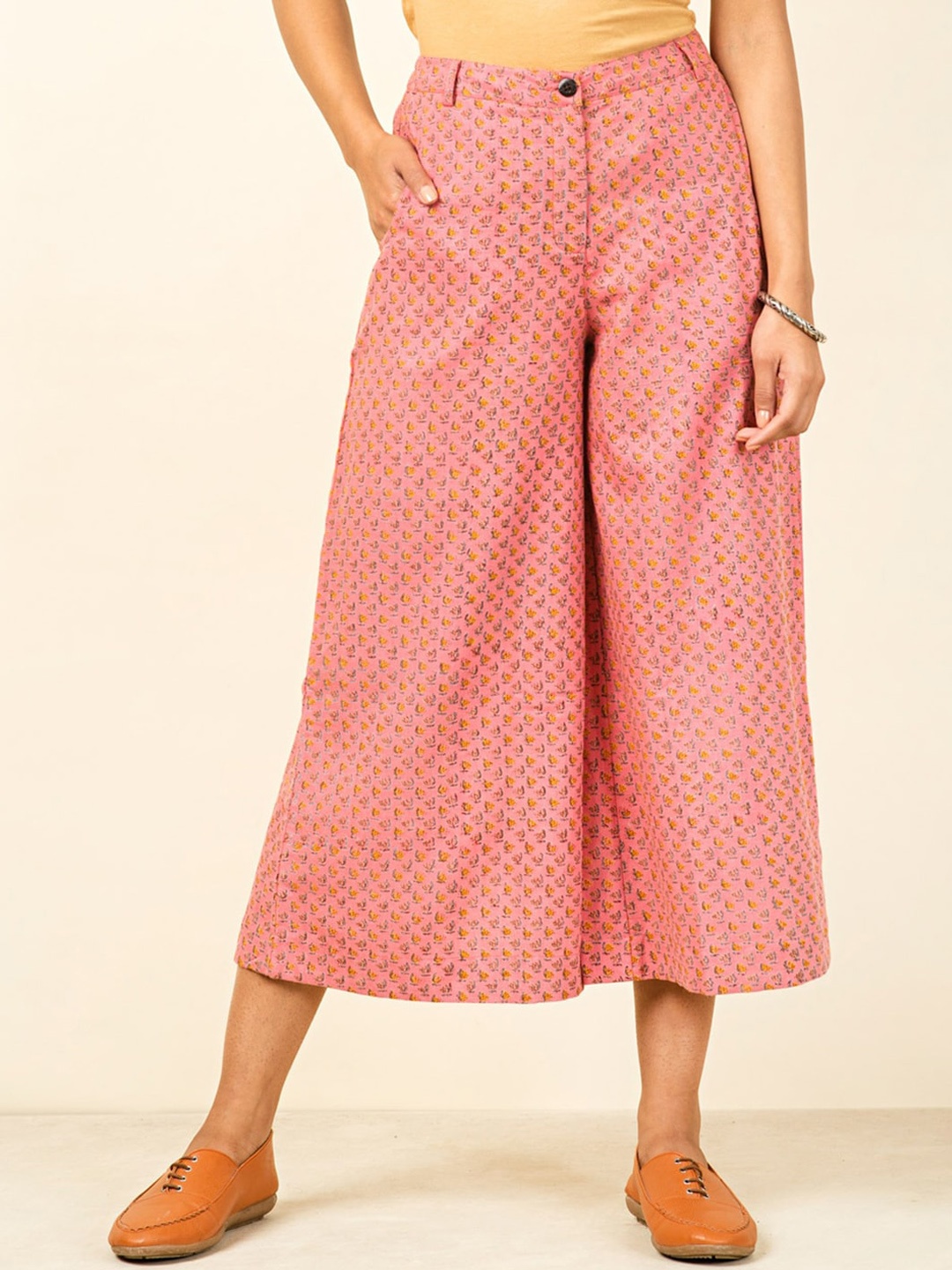 

Fabindia Women Floral Printed Cotton High-Rise Culottes Trousers, Pink