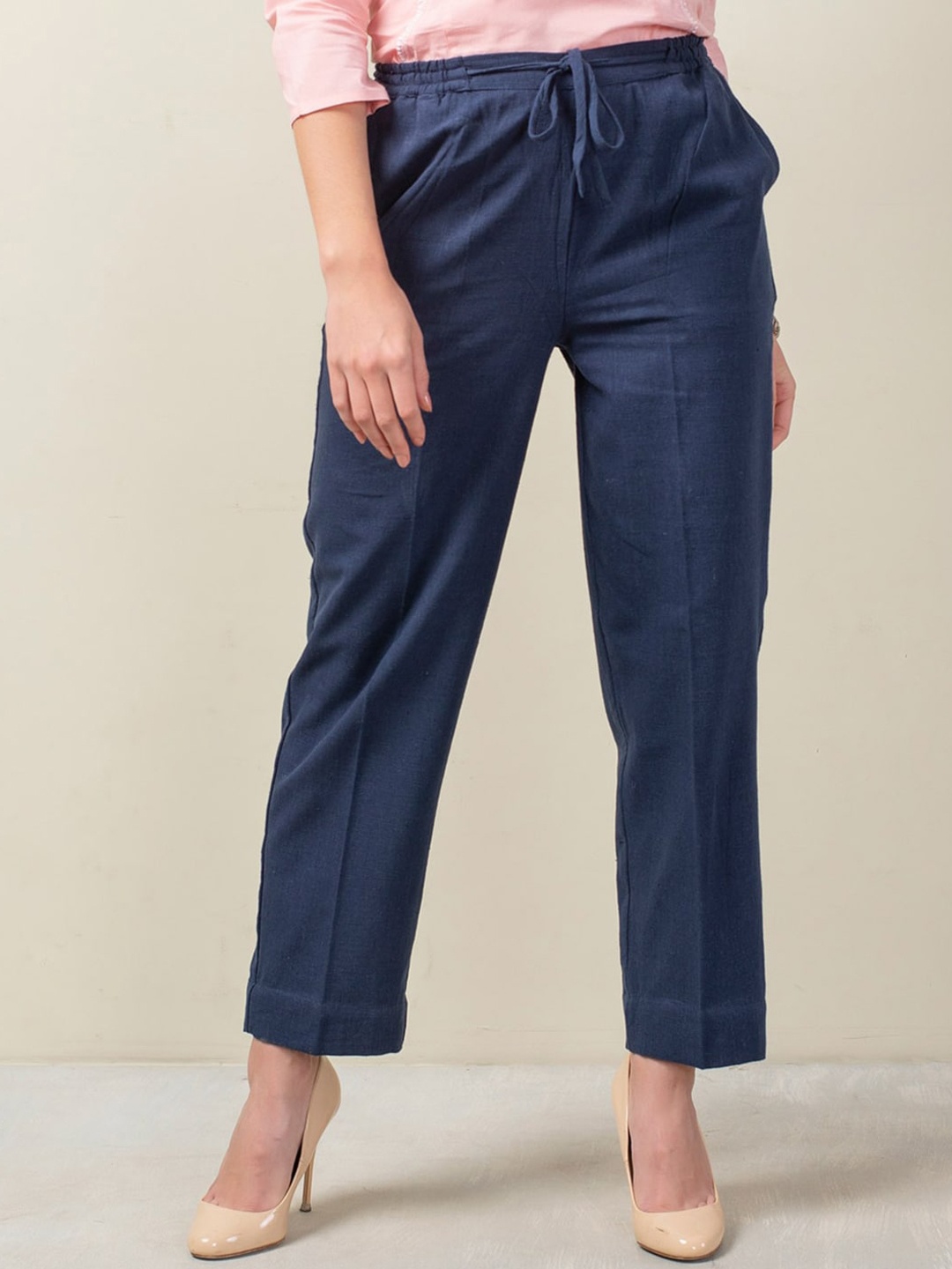 

Fabindia Women Cotton High-Rise Trousers, Navy blue