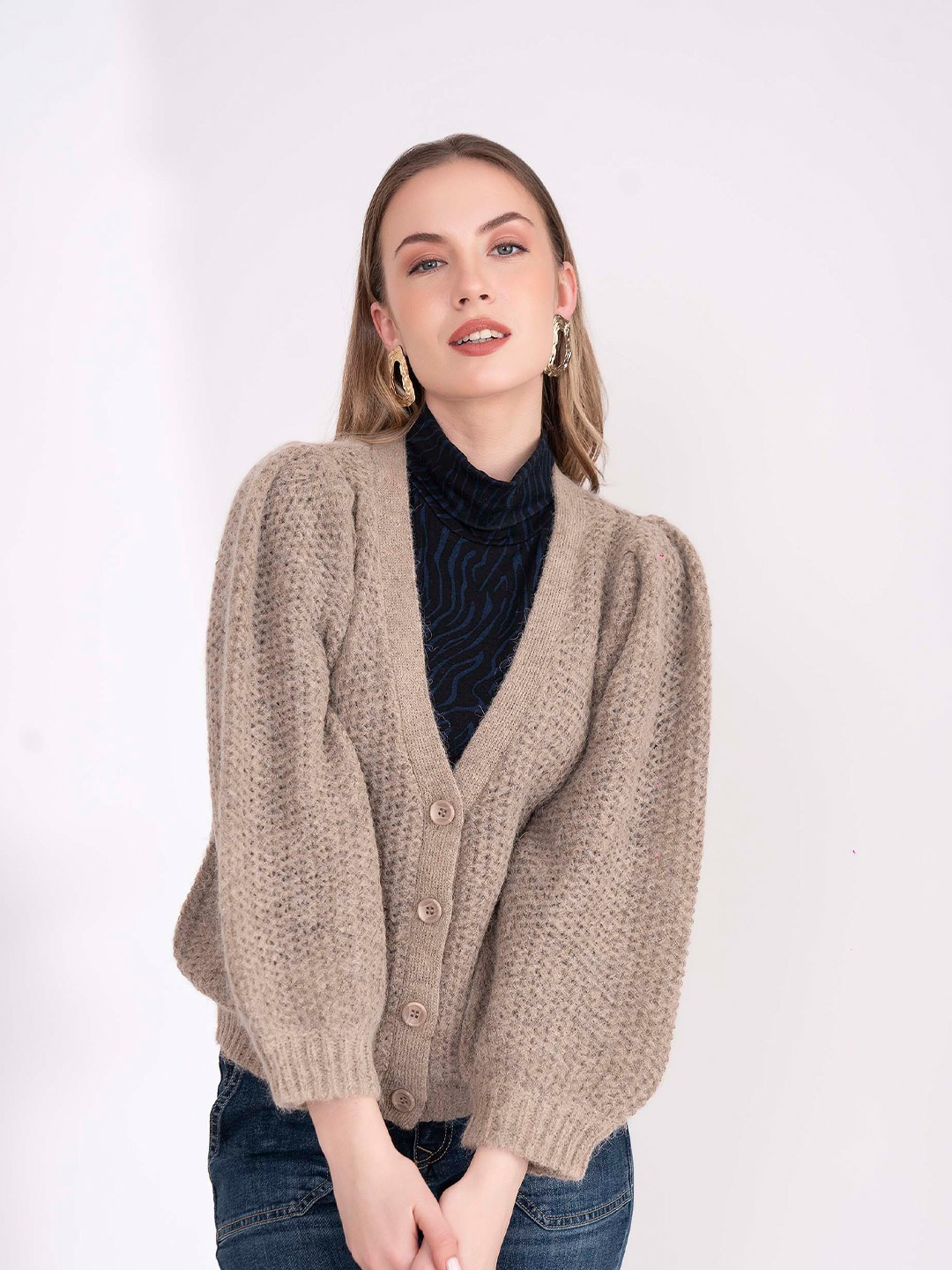 

B.Copenhagen Women Self Design V-Neck Cardigan, Camel brown