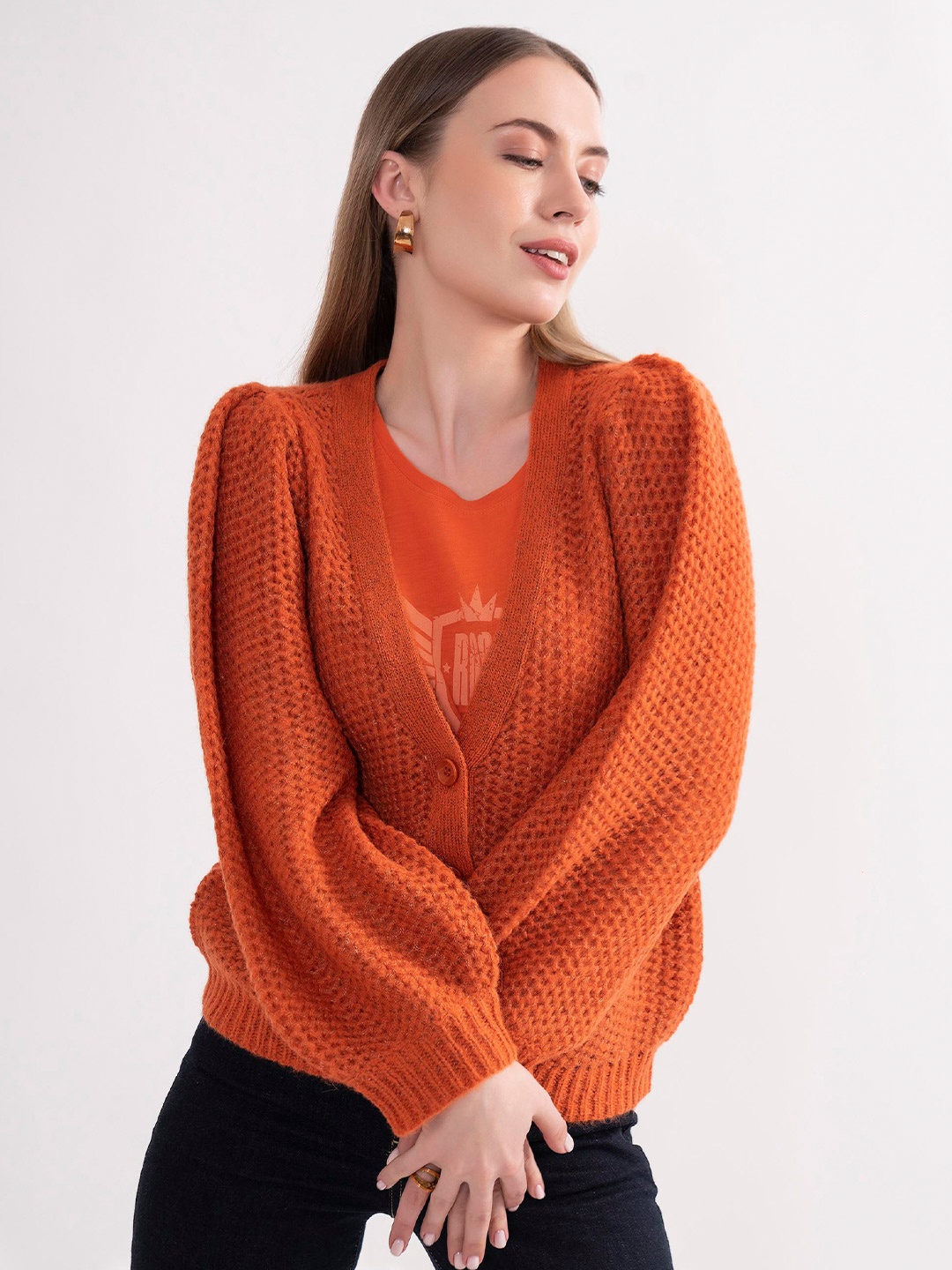 

B.Copenhagen Women Self Design V-Neck Cardigan, Orange