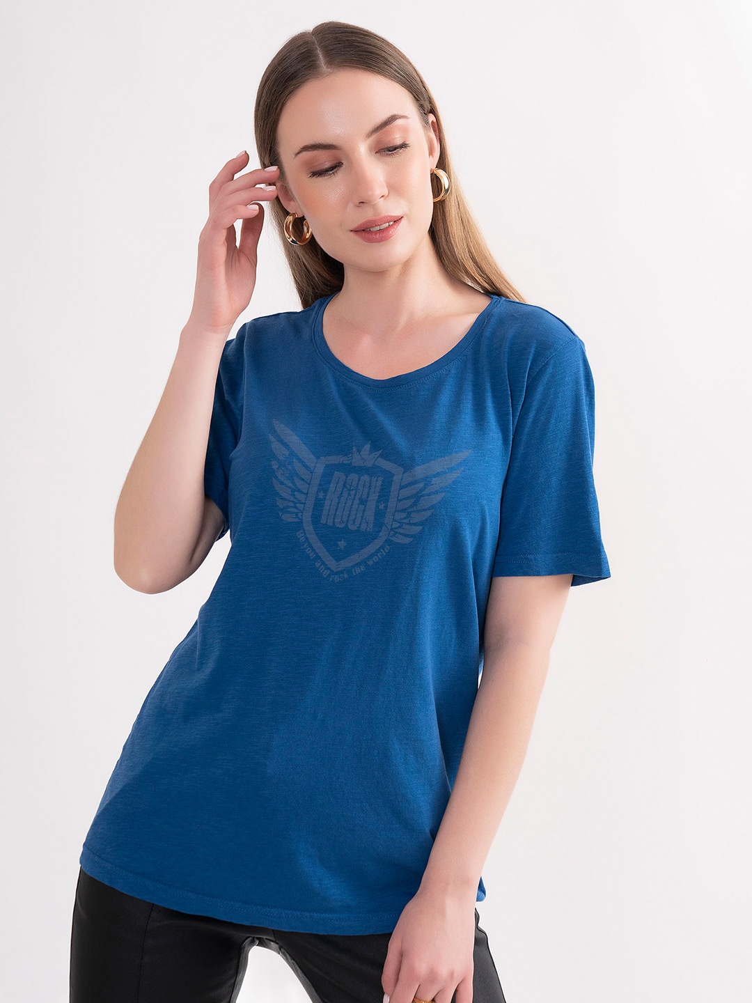 

B.Copenhagen Women Printed Pure Cotton T-shirt, Blue