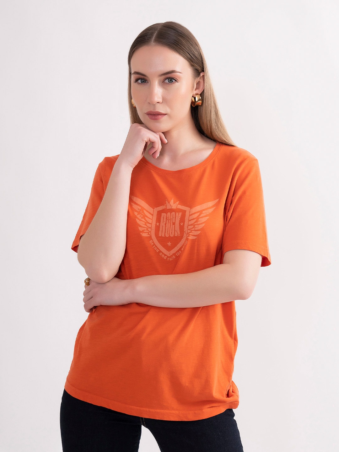 

B.Copenhagen Women Printed Pure Cotton T-shirt, Orange