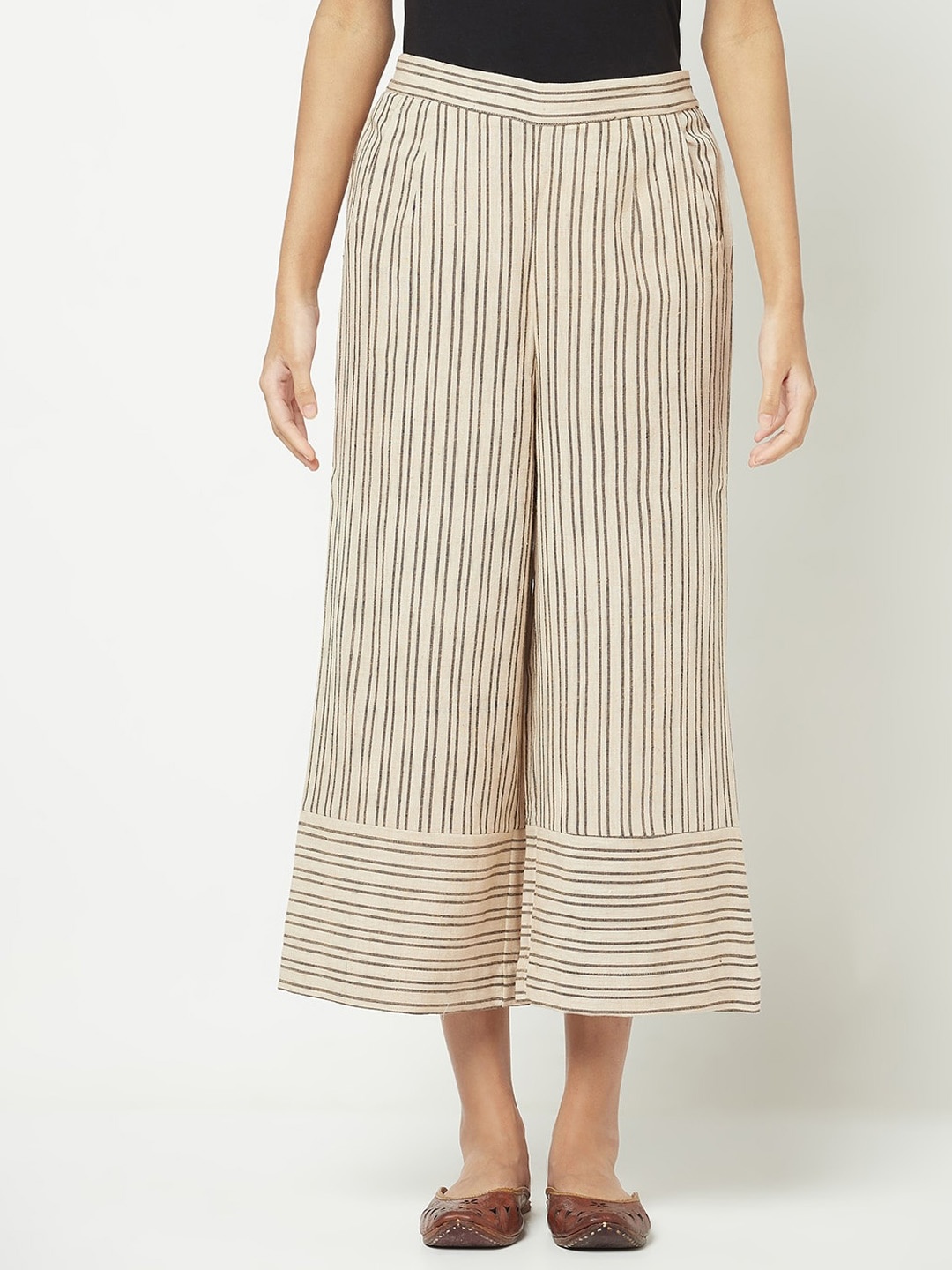 

Fabindia Women Striped Relaxed Cotton Culottes Trousers, Beige