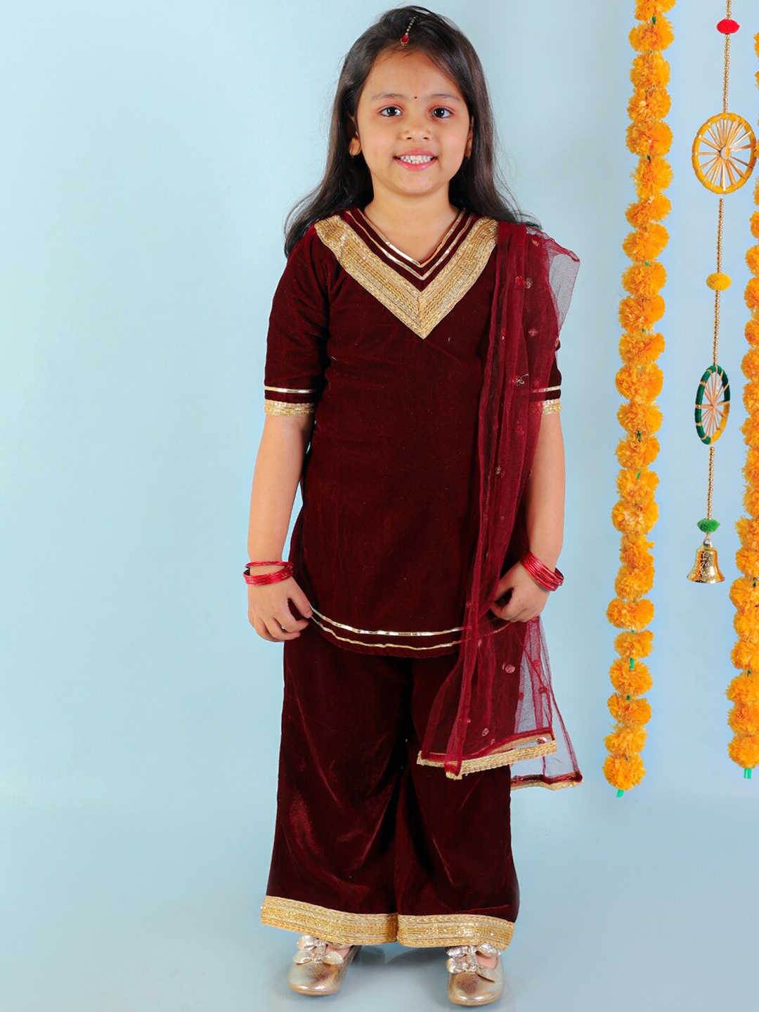 

KID1 Girls Velvet Kurti with Palazzos & With Dupatta, Maroon