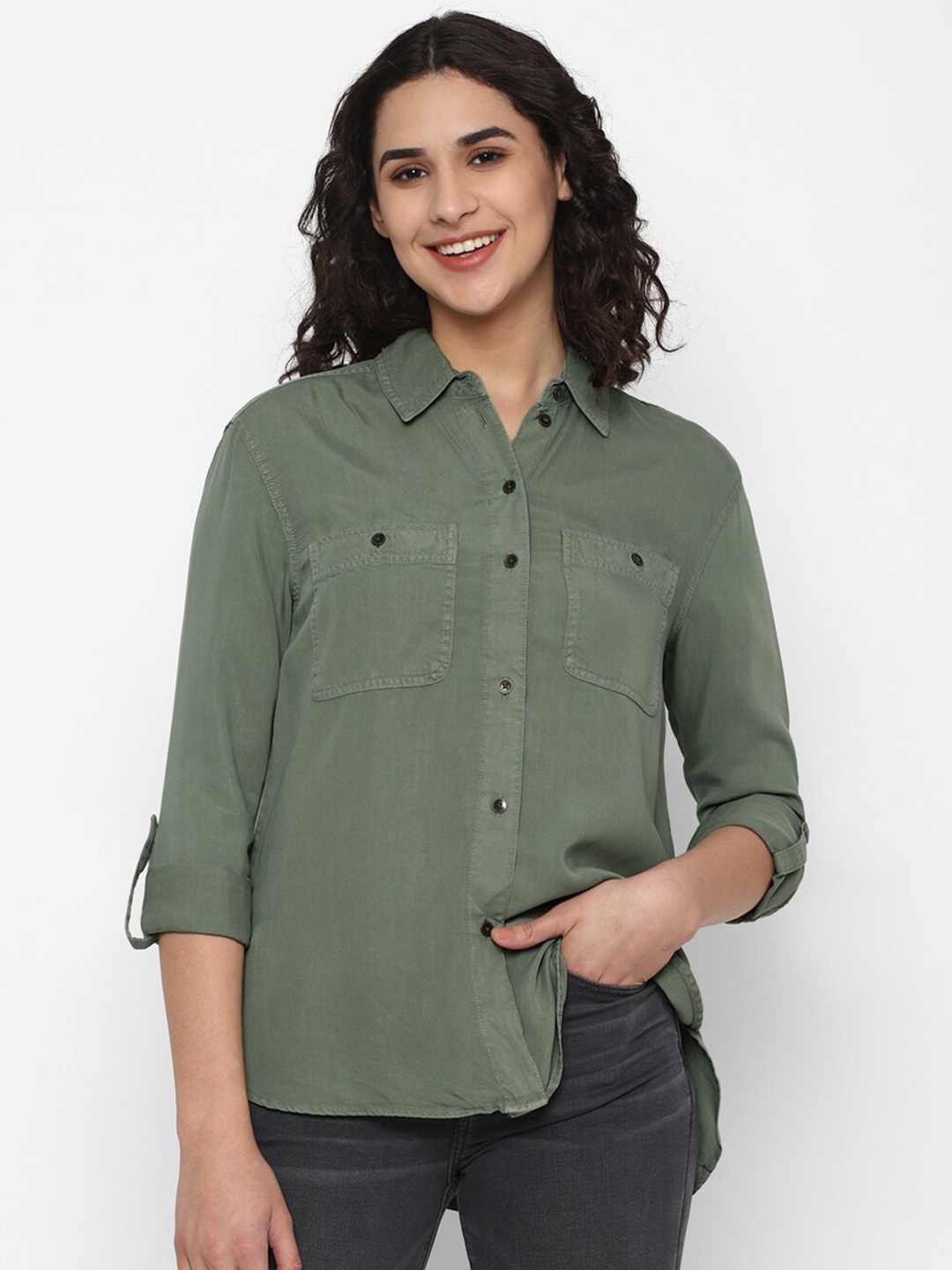 

AMERICAN EAGLE OUTFITTERS Women Casual Roll-Up SleevesShirt, Olive