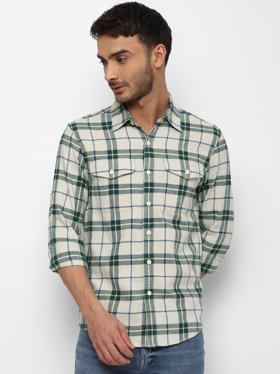 

AMERICAN EAGLE OUTFITTERS Men Tartan Checks Casual Pure Cotton Shirt, Green