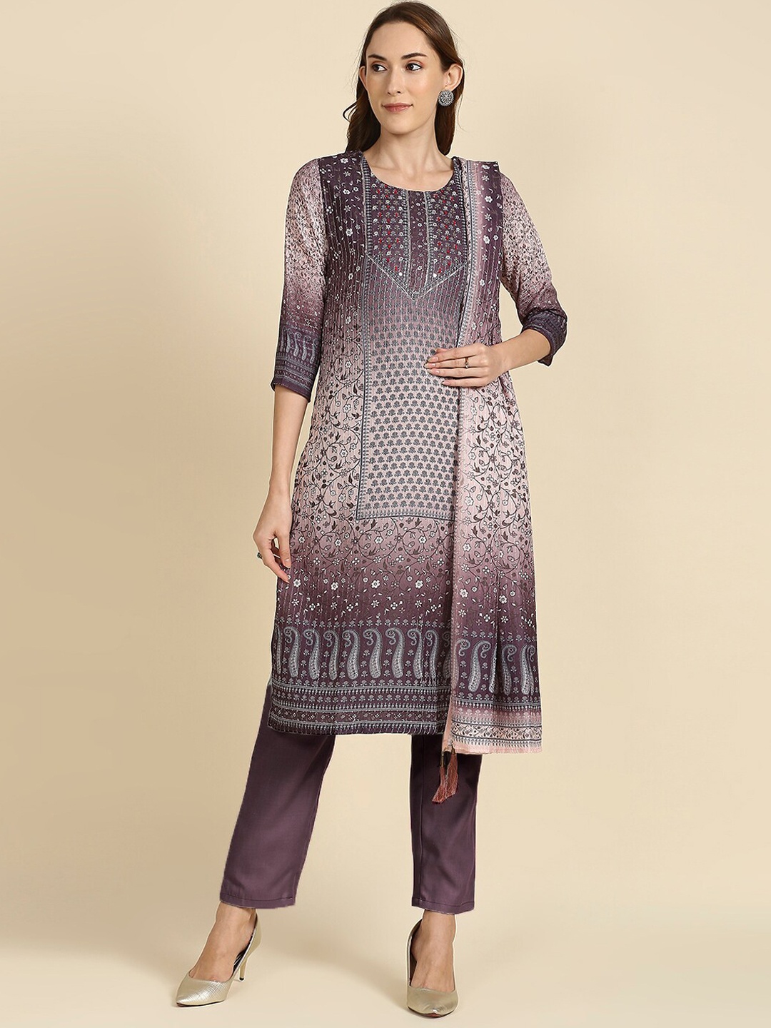 

MADHURAM Floral Printed Kurta with Trousers & Dupatta, Purple