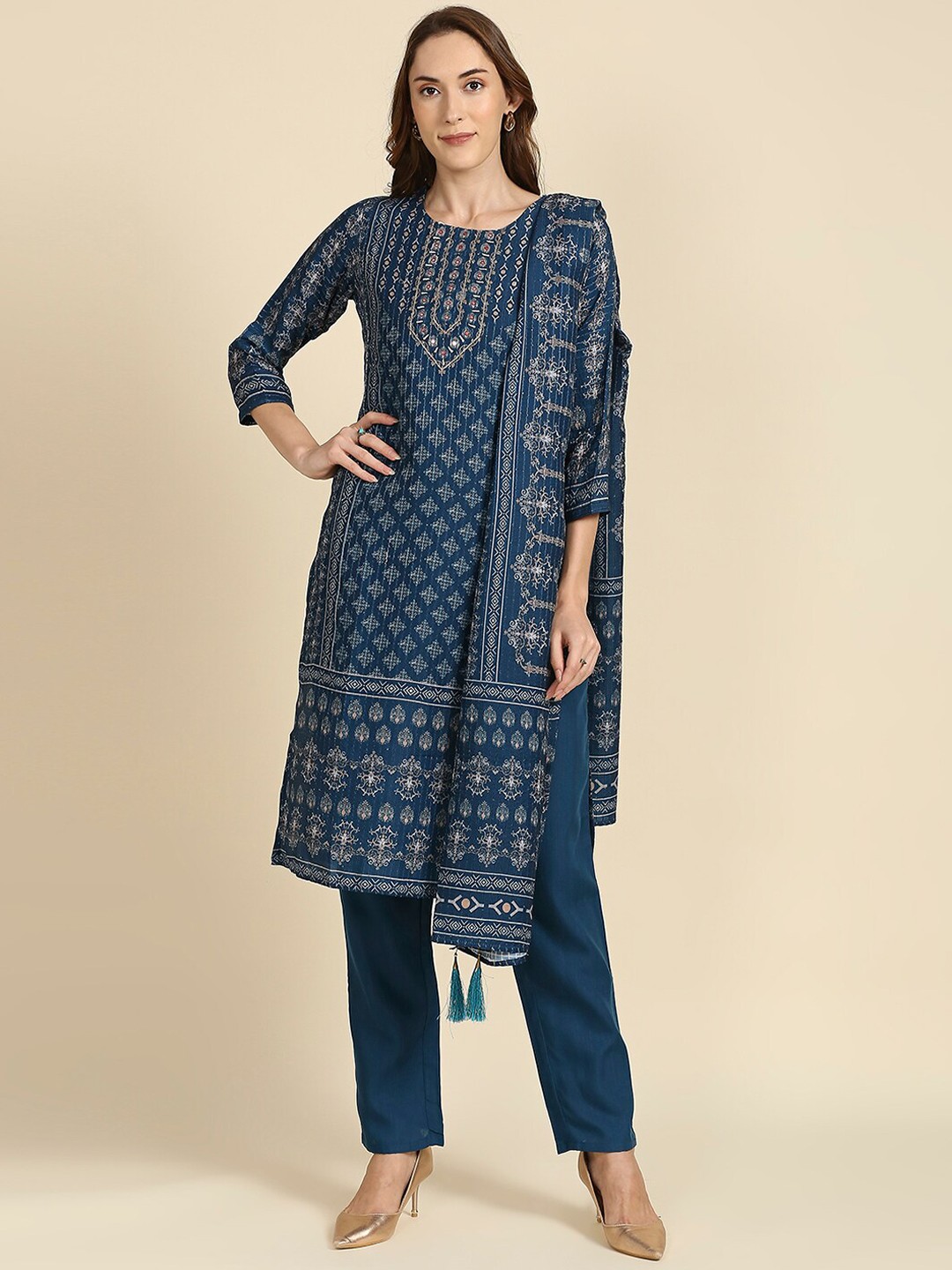 

MADHURAM Ethnic Motifs Printed Mirror Work Kurta with Trousers & Dupatta, Blue