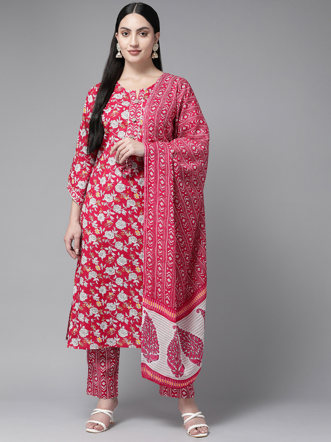 

Yufta Floral Printed Pure Cotton Kurta with Trousers & With Dupatta, Pink