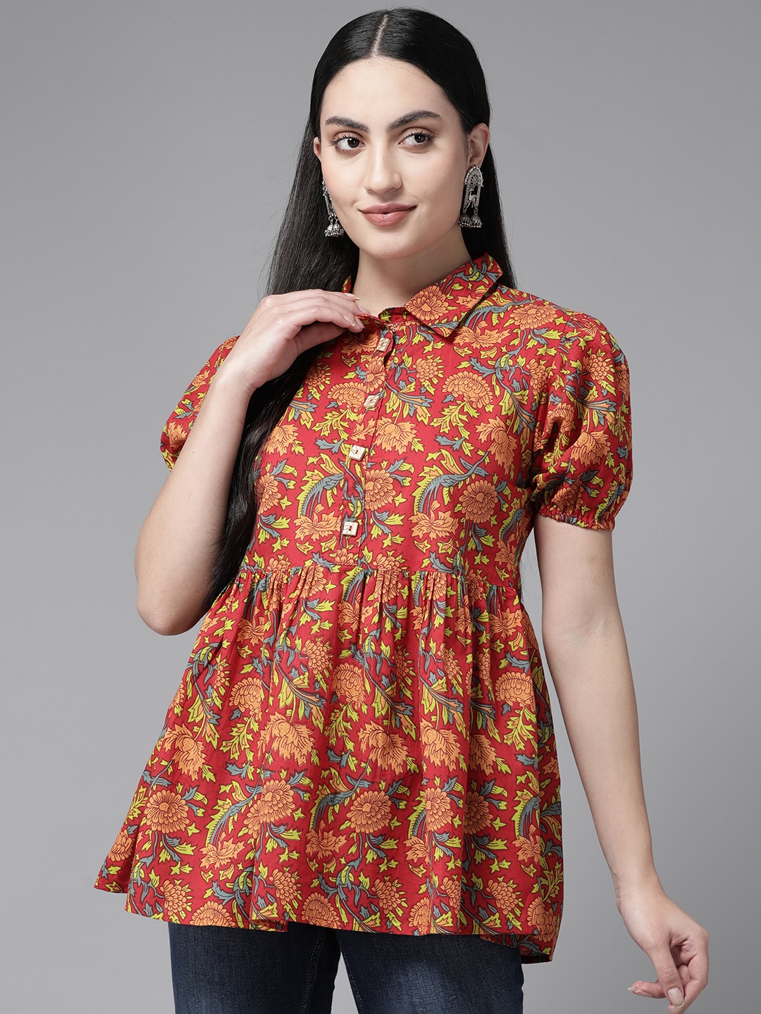 

Yufta Pure Cotton Floral Print Peplum Top, Red