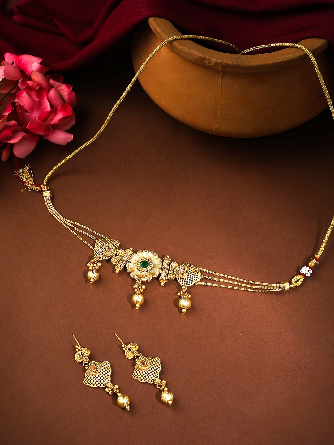 

Yellow Chimes Gold-Plated Stone-Studded Pearl Drop Design Jewellery Set