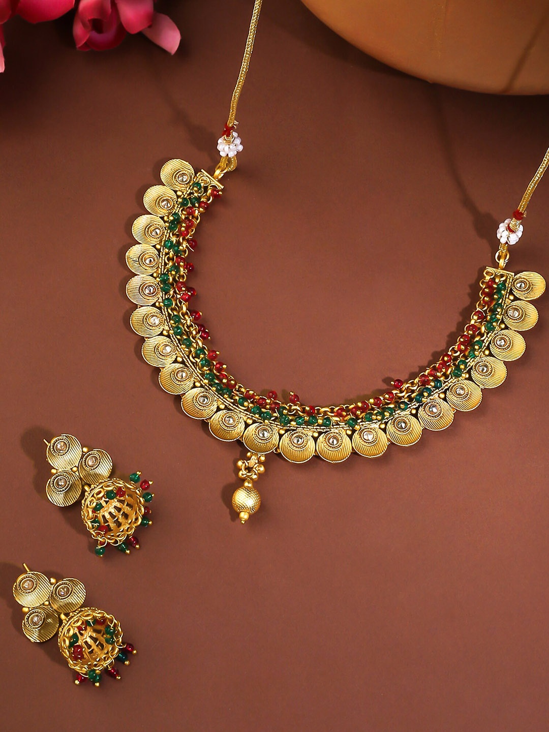 

Yellow Chimes Gold-Plated Coin Design Stone Studded & Beaded Jewellery Set