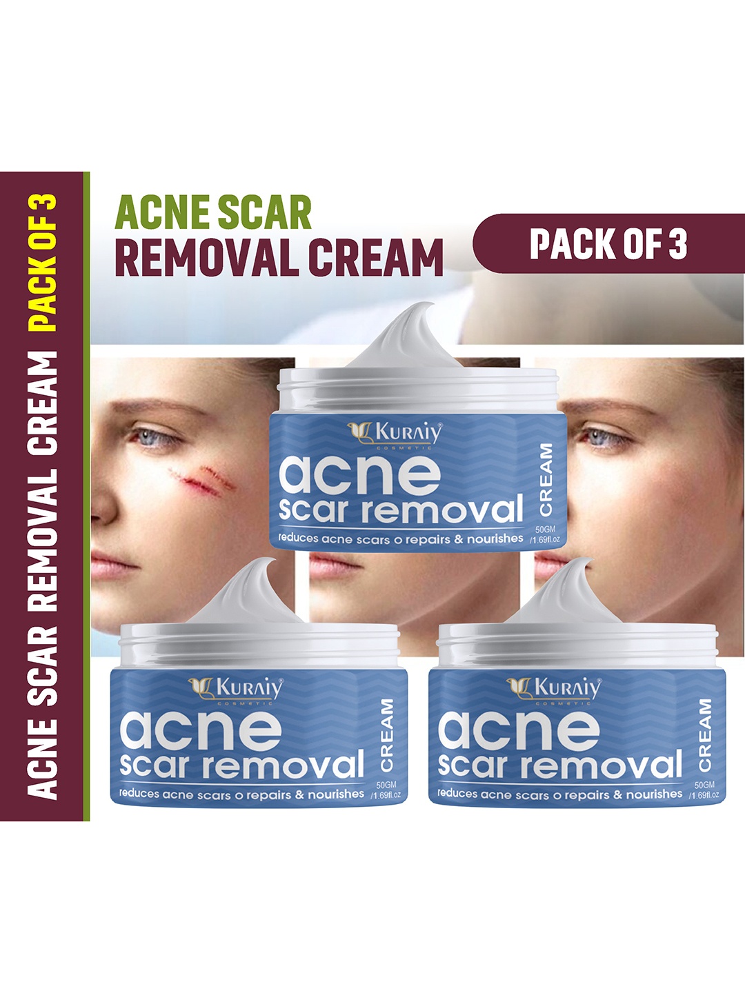 

KURAIY Set of 3 Acne Scar Removal Cream to Reduce Acne Scar - 50 g Each, Blue