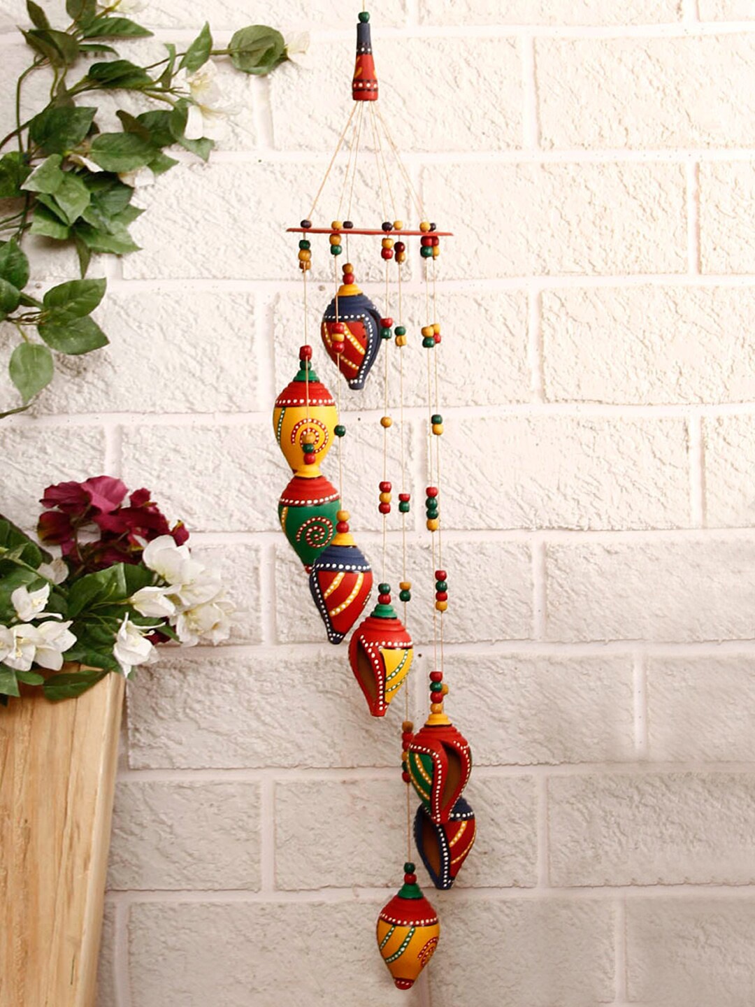 

ExclusiveLane Set of 2 Twirls Hand-Painted Terracotta Hanging Windchimes, Yellow