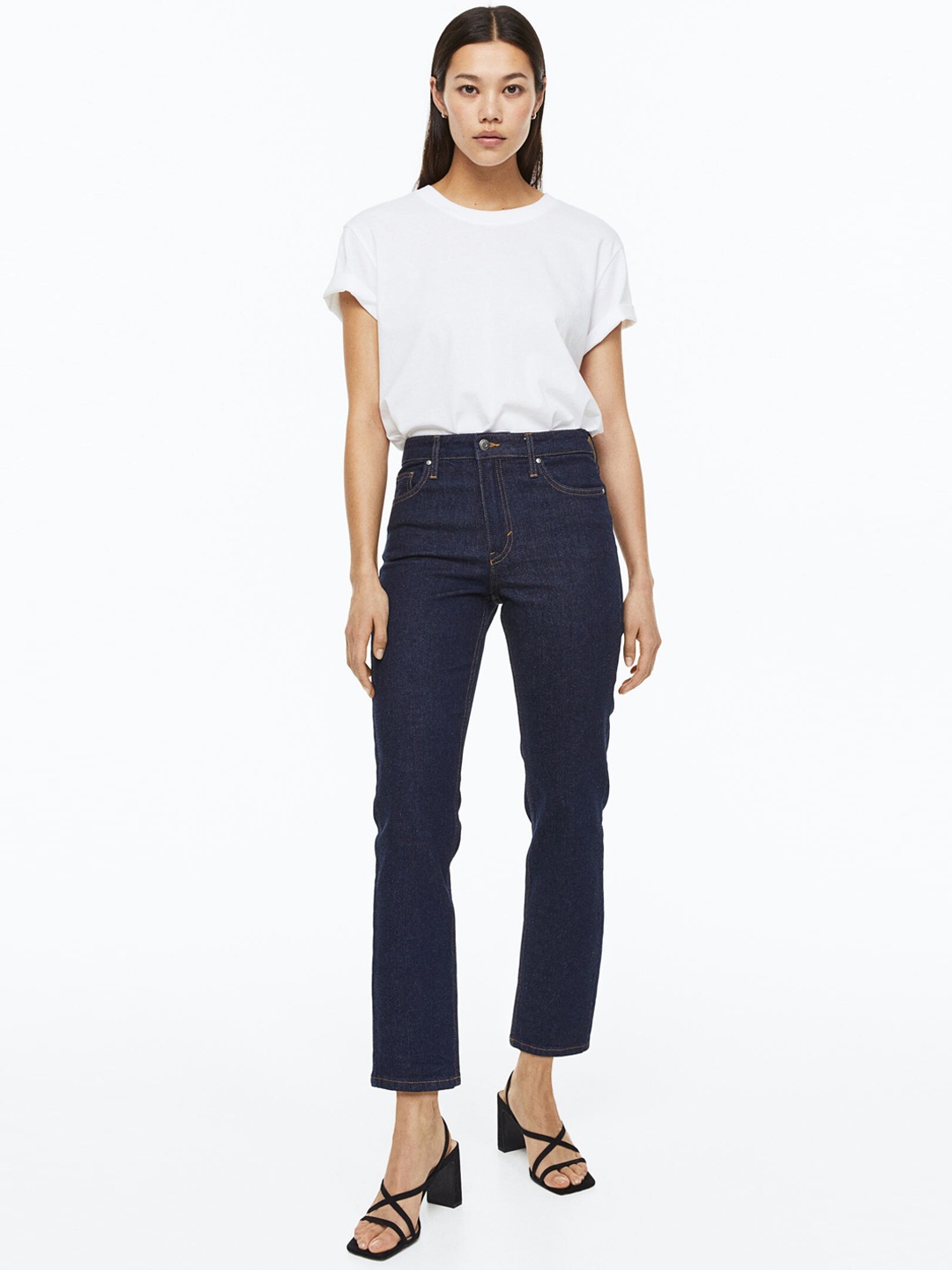 

H&M Women Straight High Ankle Jeans, Navy blue