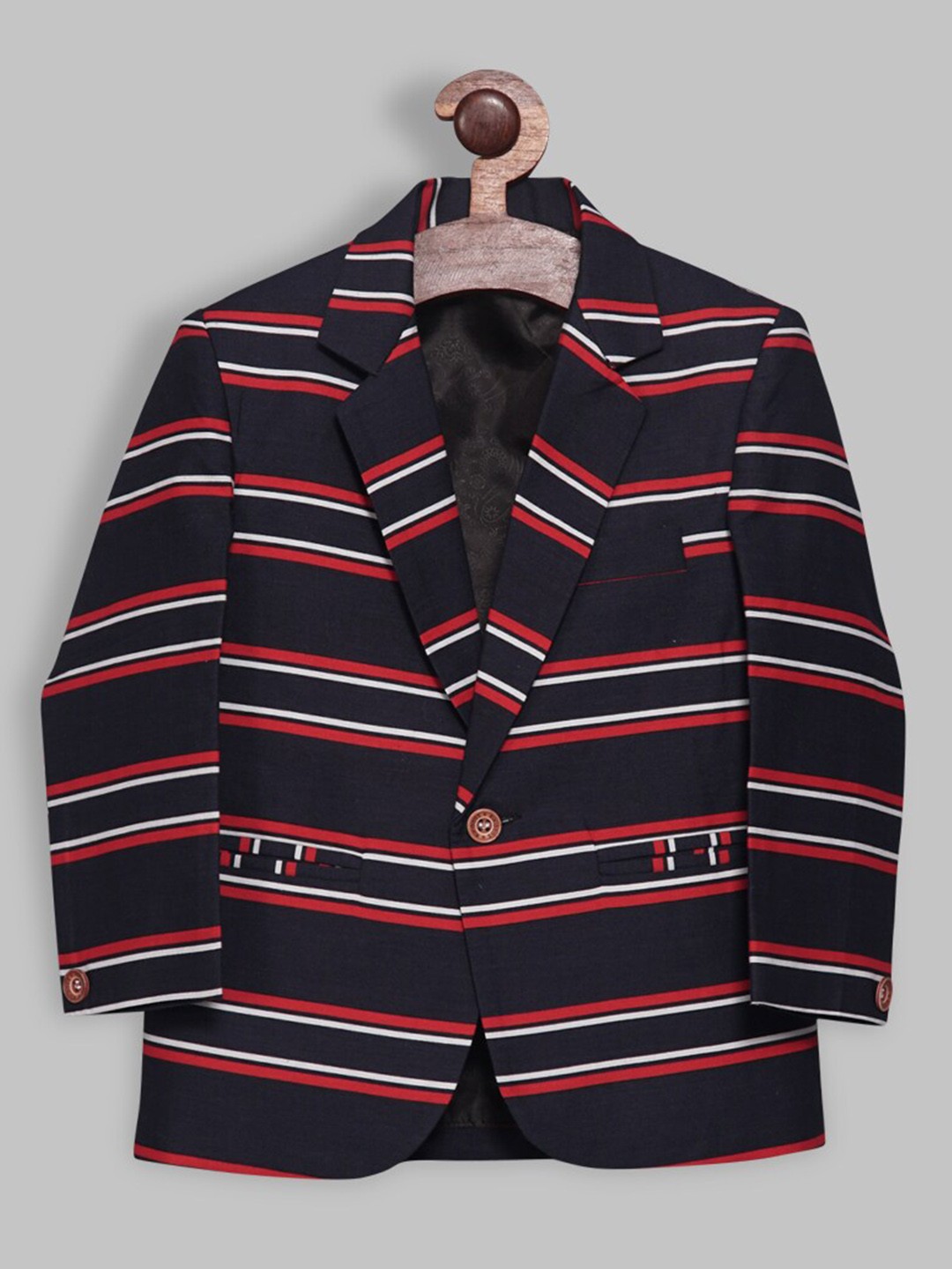 

RIKIDOOS Boys Striped Smart Fit Single-breasted Cotton Blazer, Navy blue