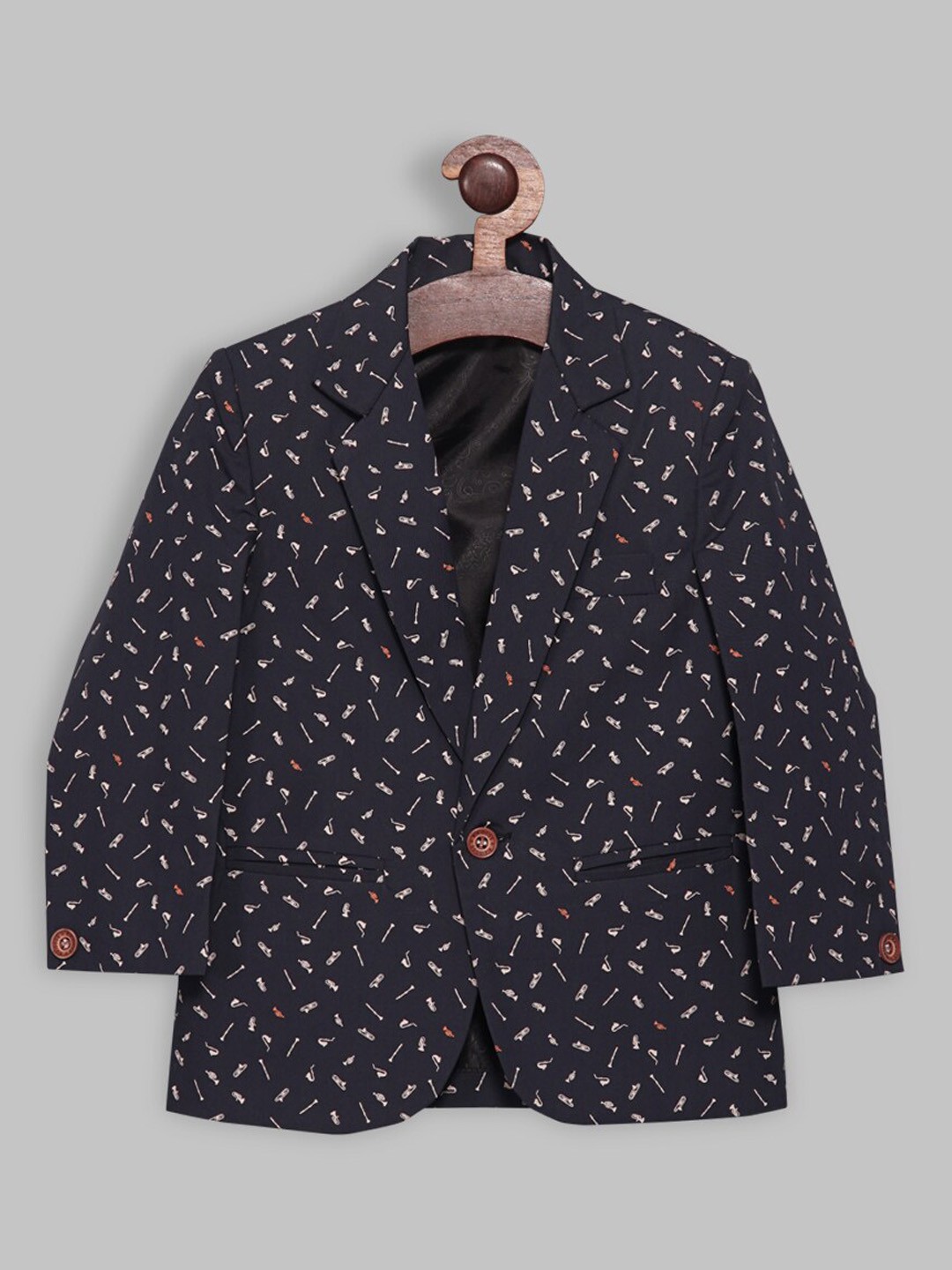 

RIKIDOOS Boys Printed Cotton Single-Breasted Blazer, Navy blue