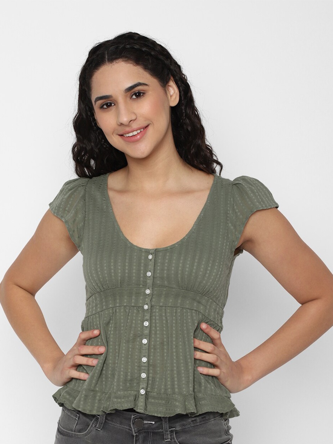 

AMERICAN EAGLE OUTFITTERS Striped Empire Pure Cotton Top, Olive