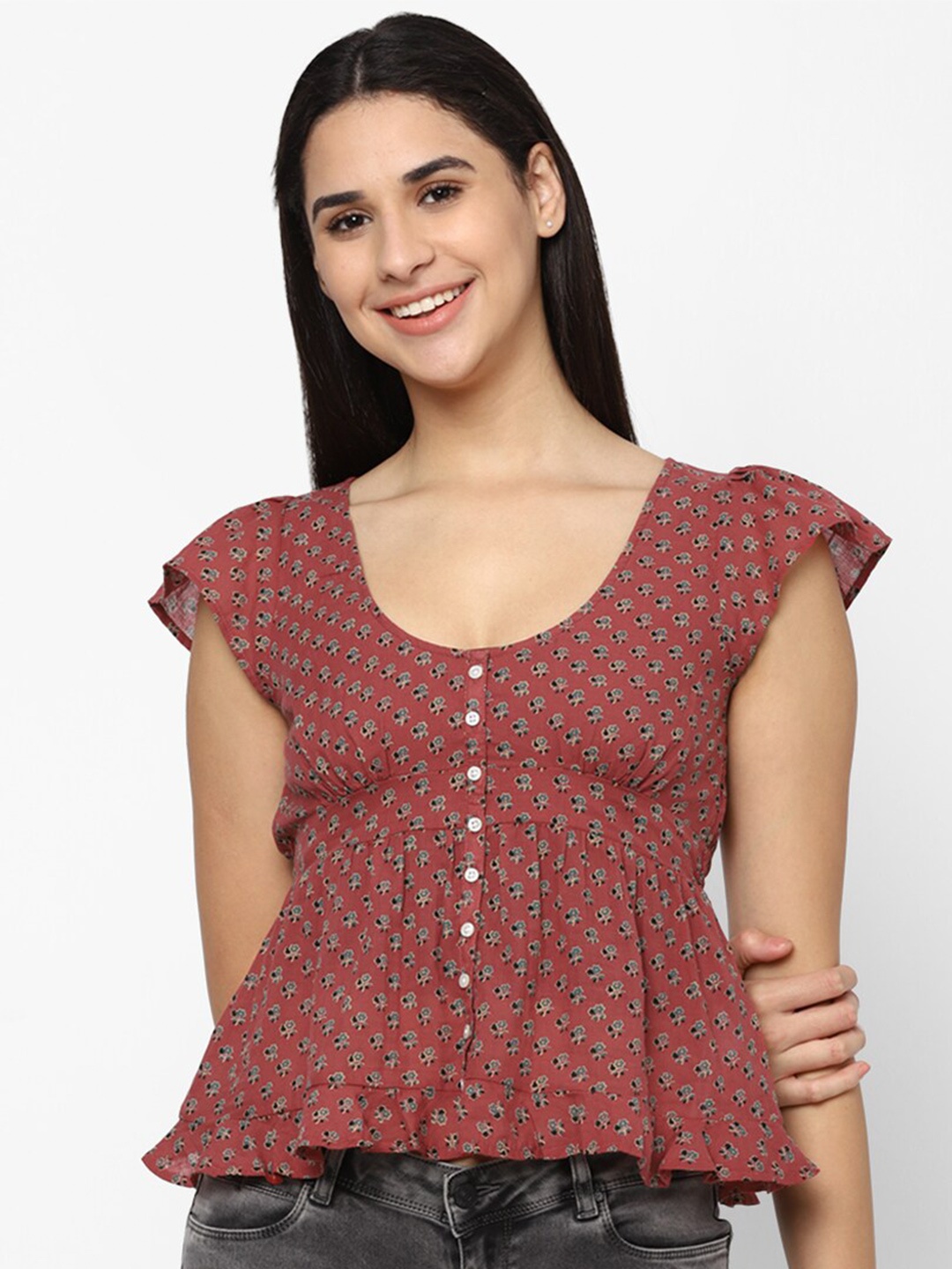 

AMERICAN EAGLE OUTFITTERS Floral Print Empire Pure Cotton Top, Rust