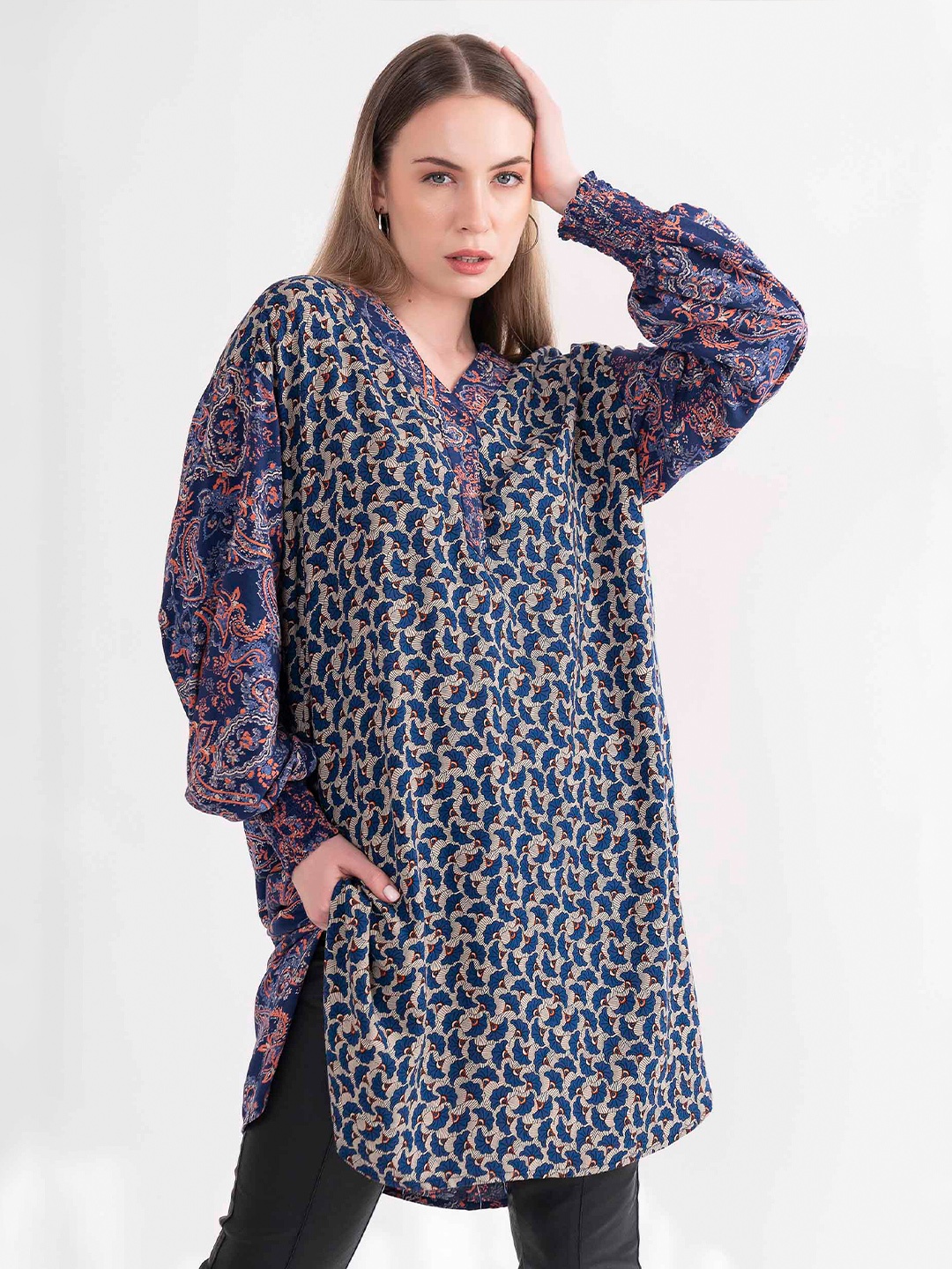 

B.Copenhagen Ethnic Printed Longline Top, Blue