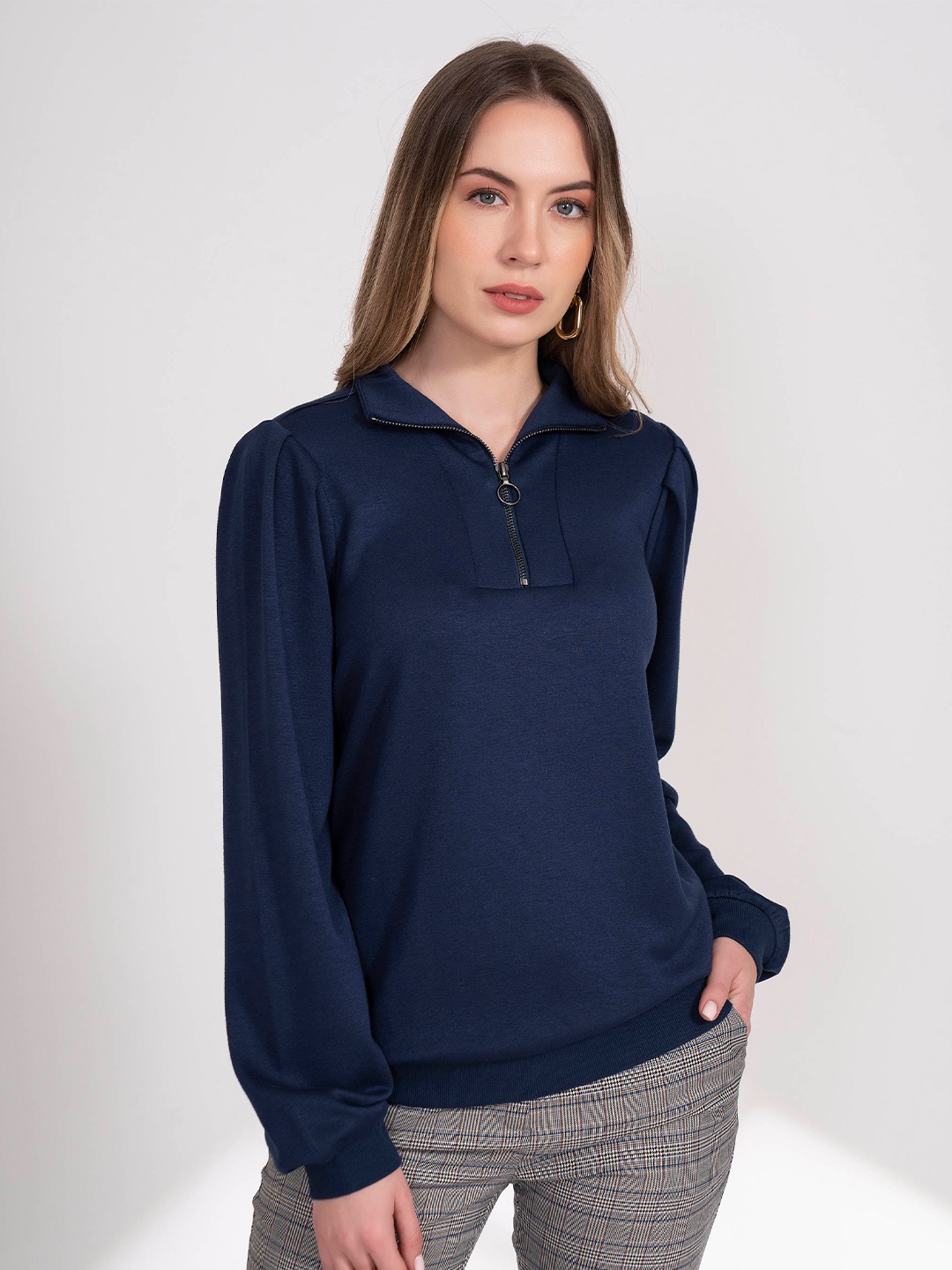 

B.Copenhagen Puff Sleeves Half Zipper Top, Navy blue