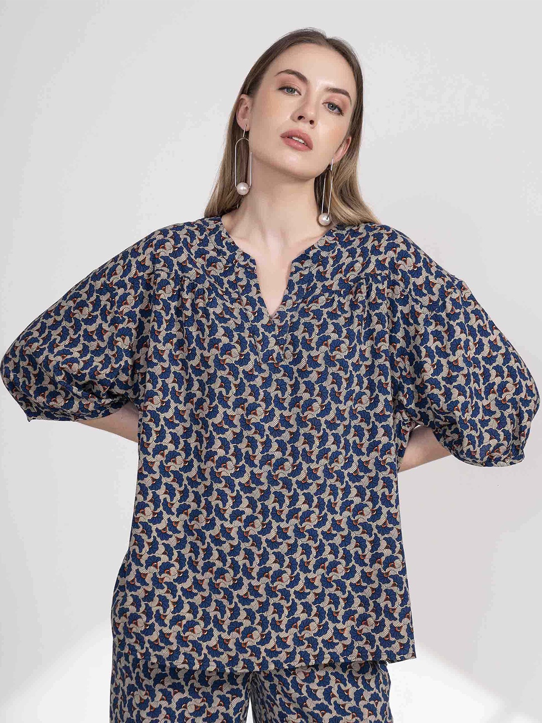 

B.Copenhagen Printed Mandarin Collar Top, Navy blue