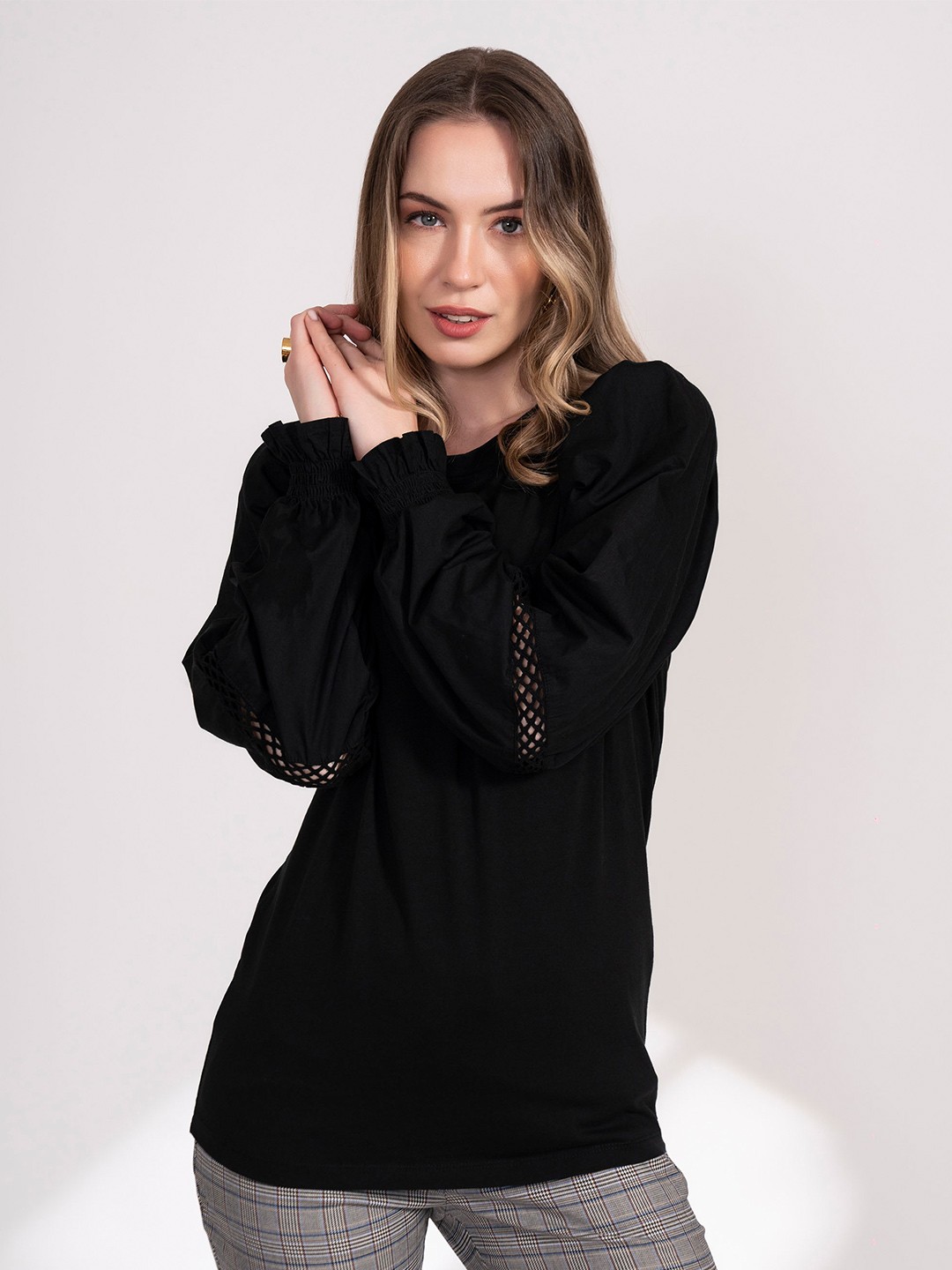 

B.Copenhagen Puff Sleeves Cut Out Pure Cotton Top, Black