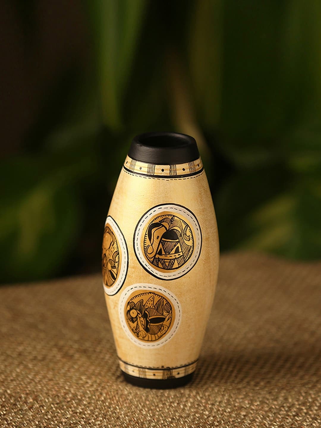 

ExclusiveLane Gold-Toned & White Set Of 2 Madhubani Art Dholak Shaped Terracotta Vases