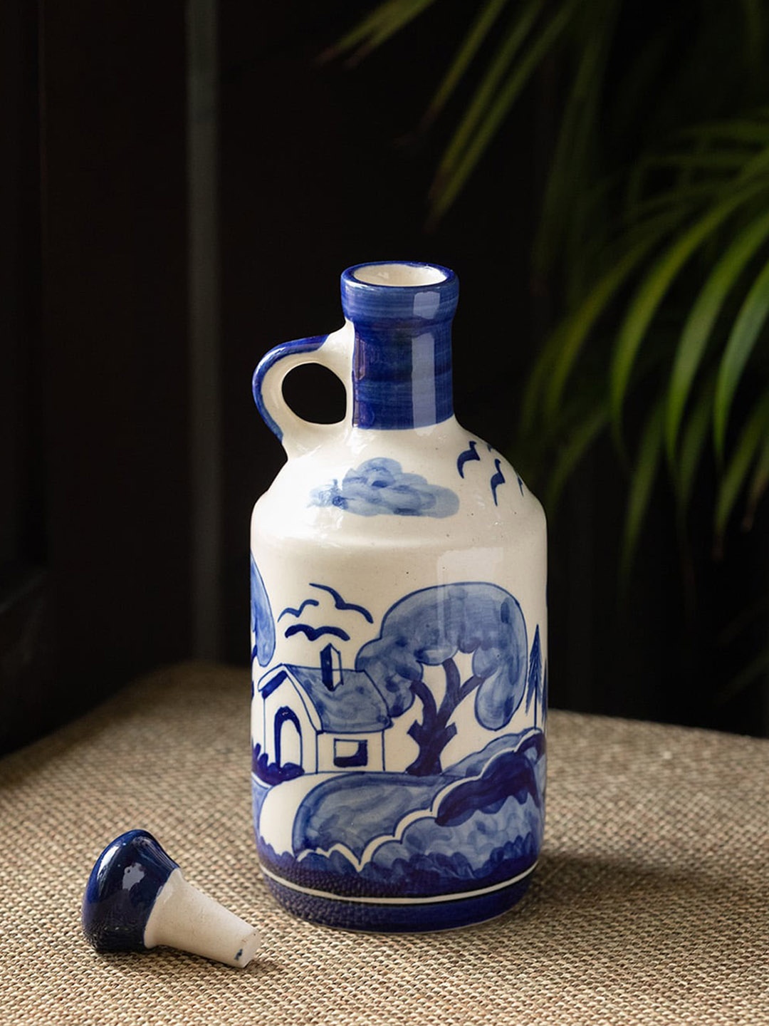 

ExclusiveLane Set Of 2 Blue & White Vibing Village Ceramic Oil Bottle