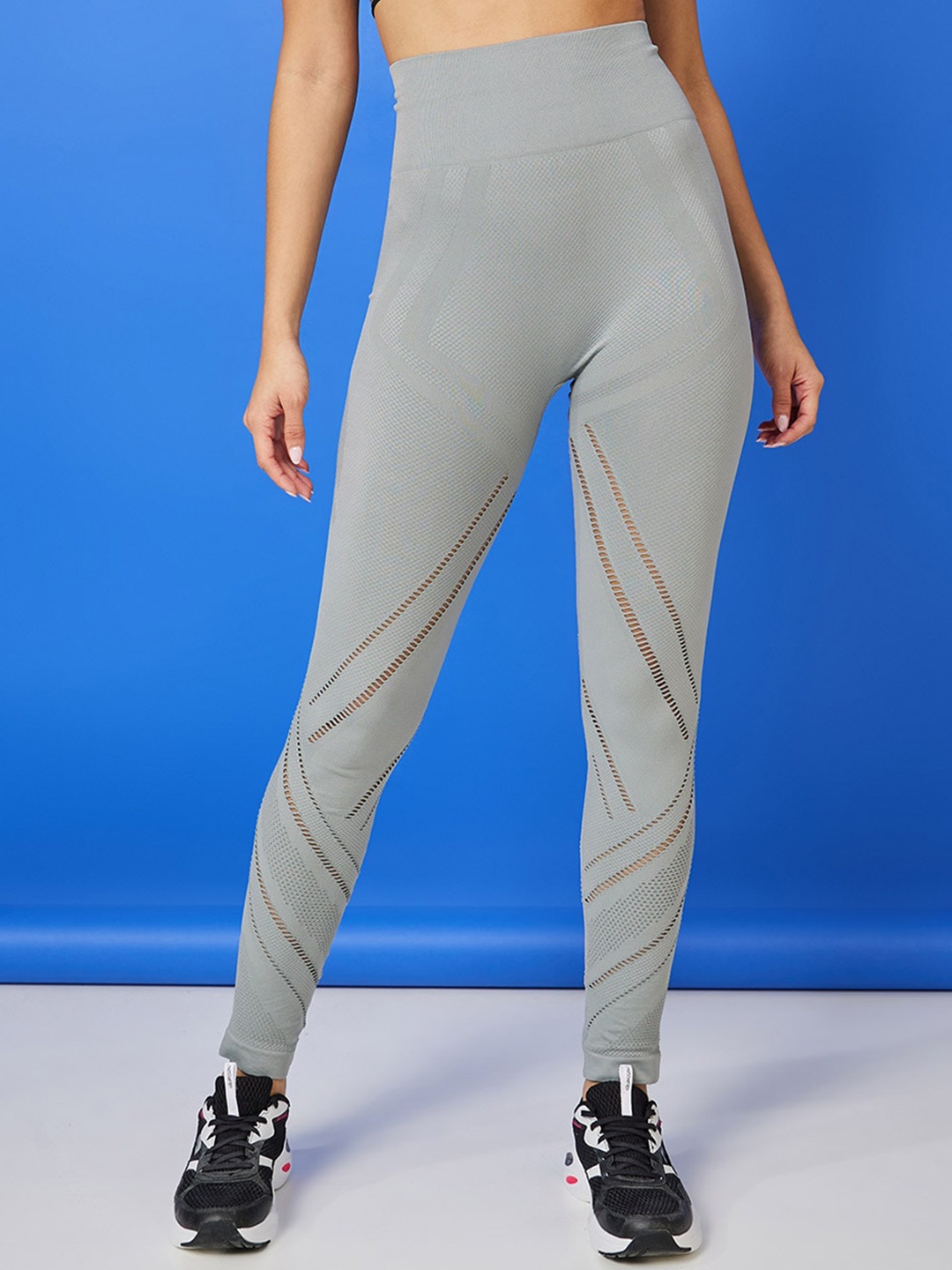 

Styli Women Laser Cut Diagonal Striped Activewear Leggings, Grey