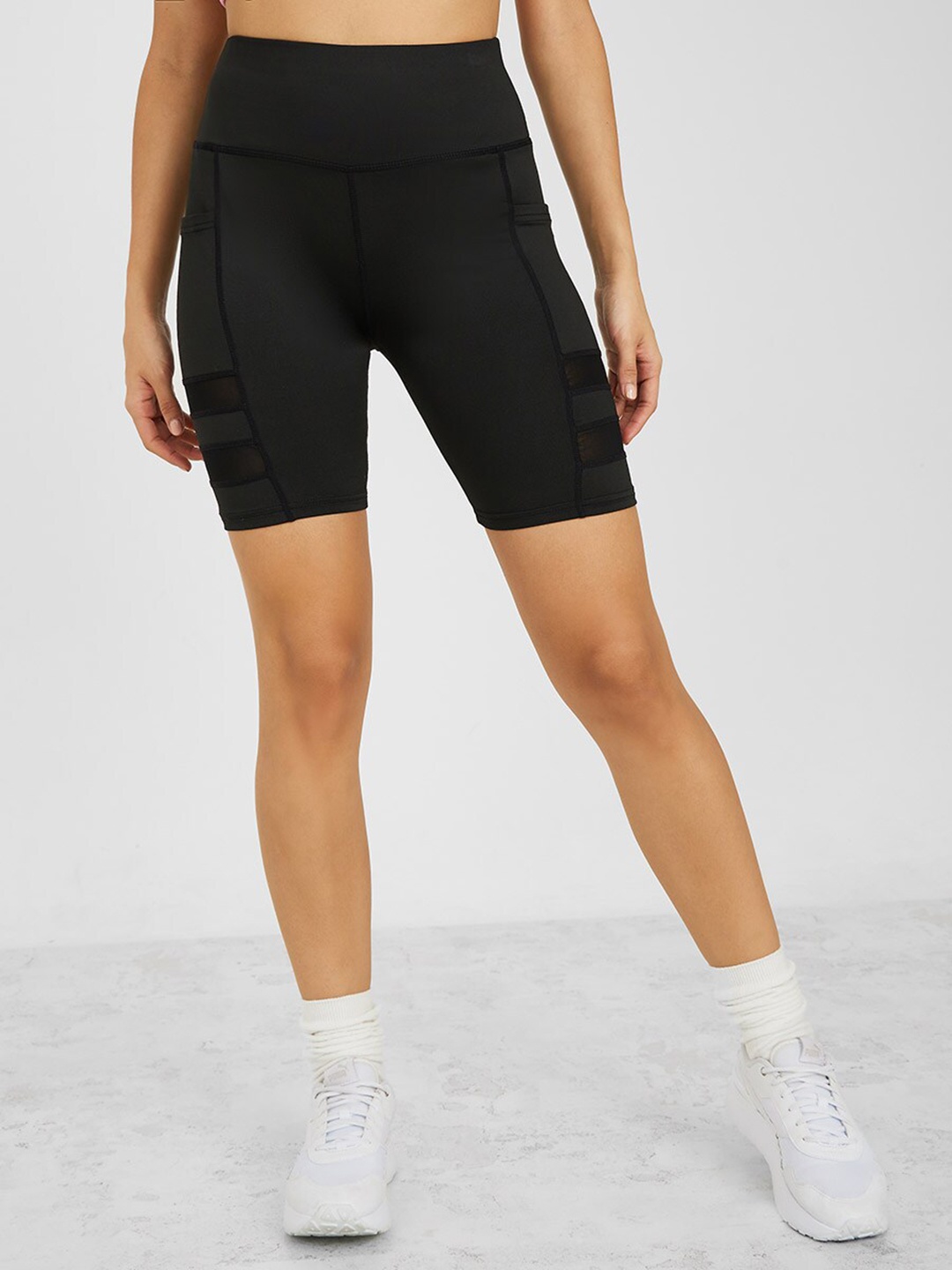 

Styli Women Side Double Striped Mesh Insert Broad Waistband Cycling Shorts, Black