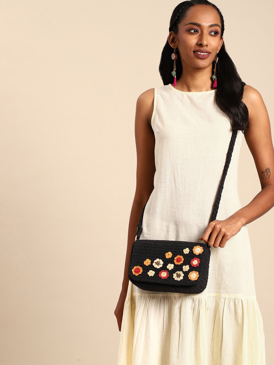 

Taavi Floral Crochet Textured Sling Bag, Black