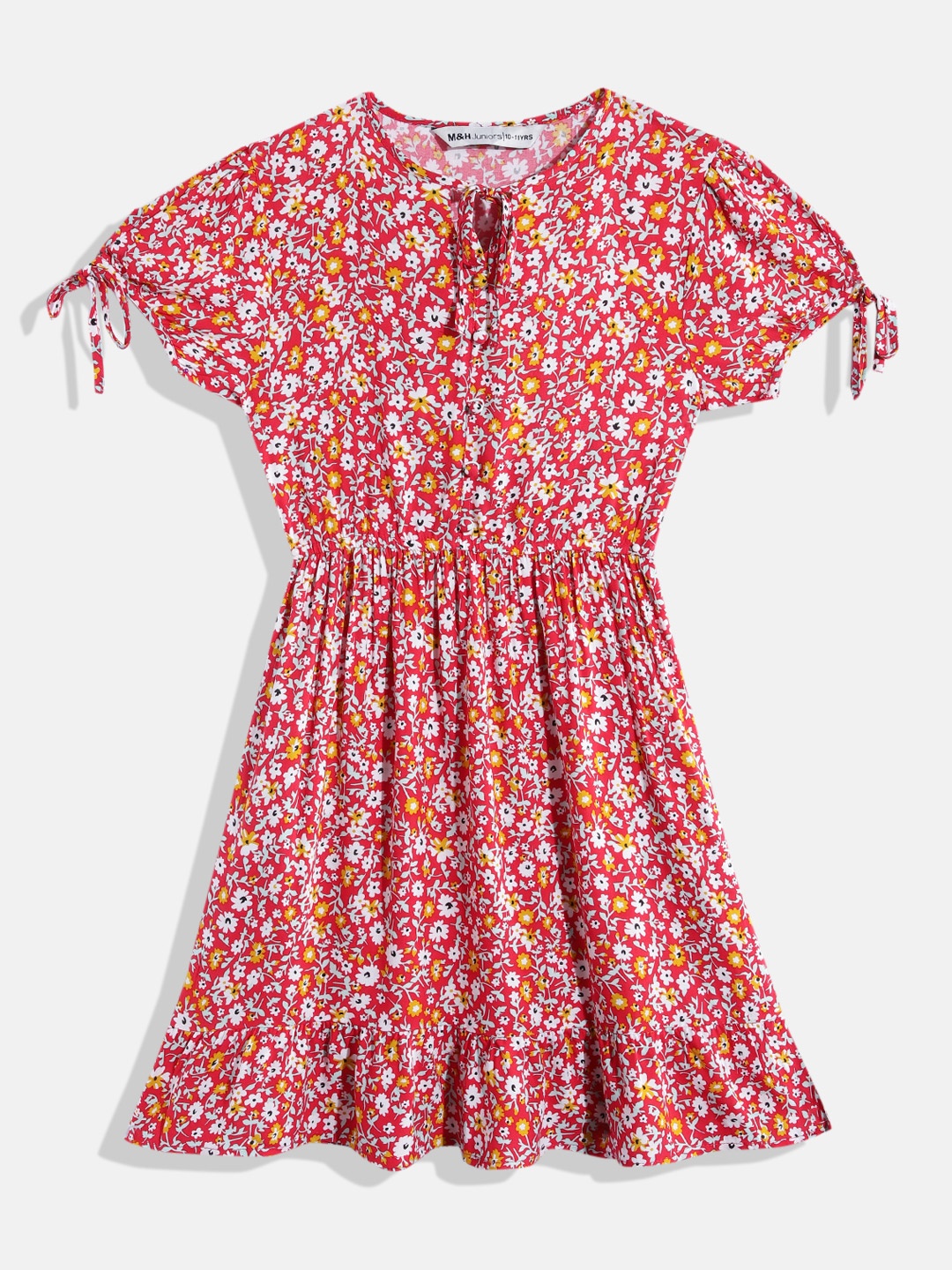 

M&H Juniors Girls Floral Printed Button Detail Elasticated Waist Fit & Flare Dress, Red