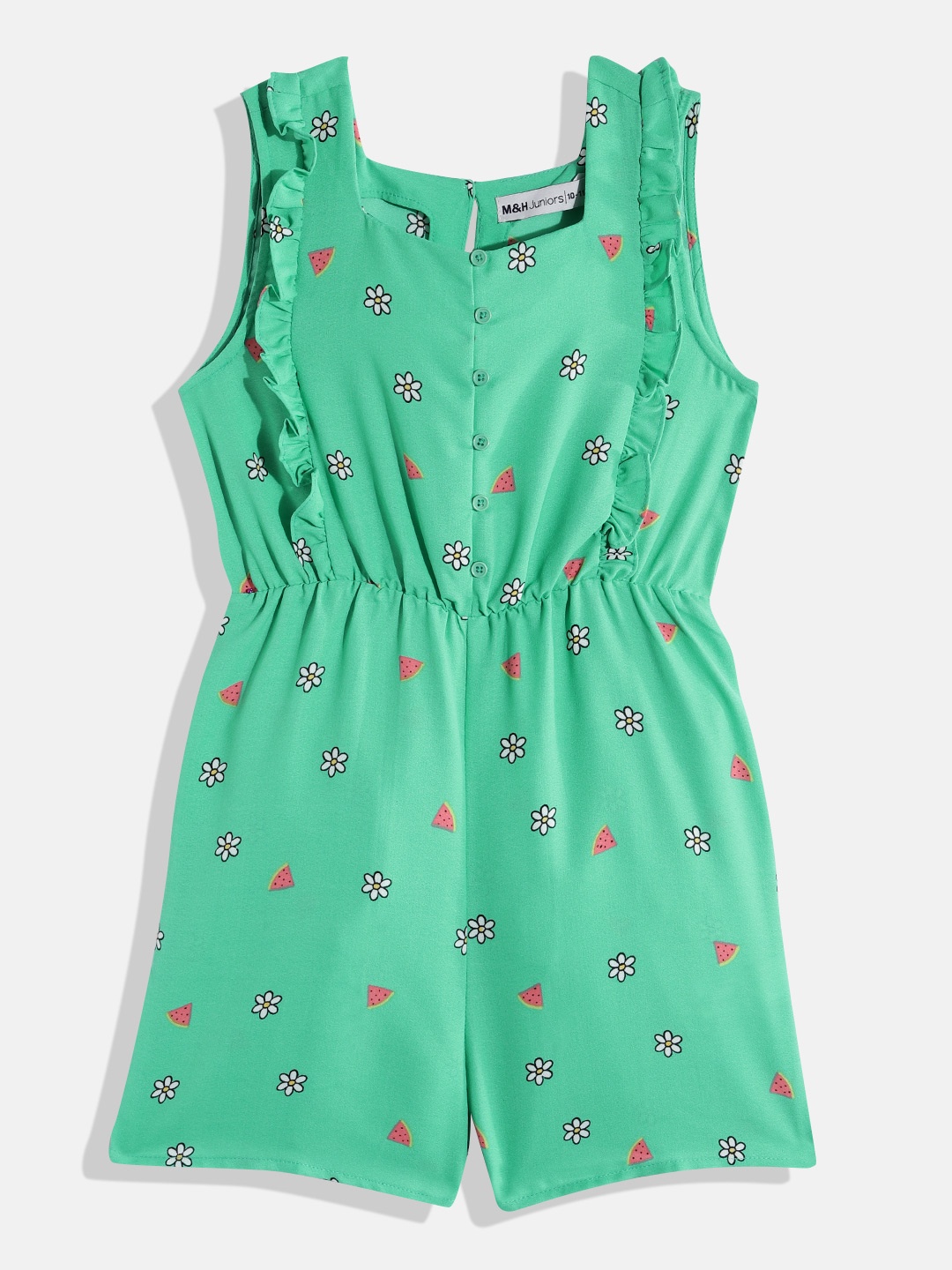 

M&H Juniors Girls Floral Printed Playsuit With Ruffle Detail, Green