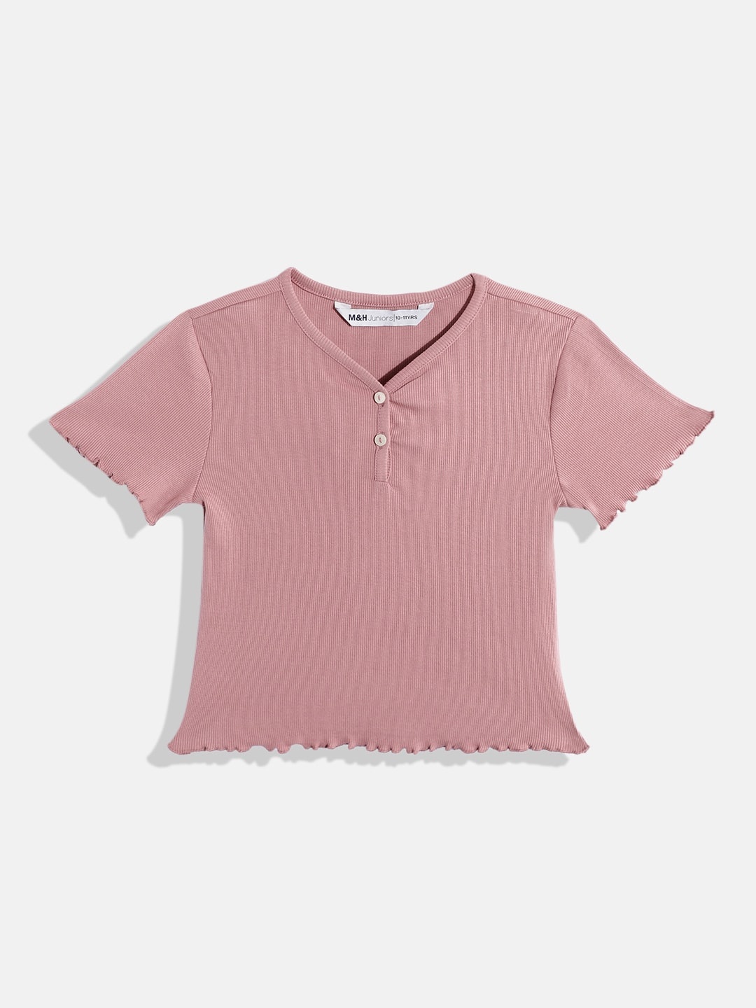 

M&H Juniors Girls Ribbed Henley Neck Top, Rose