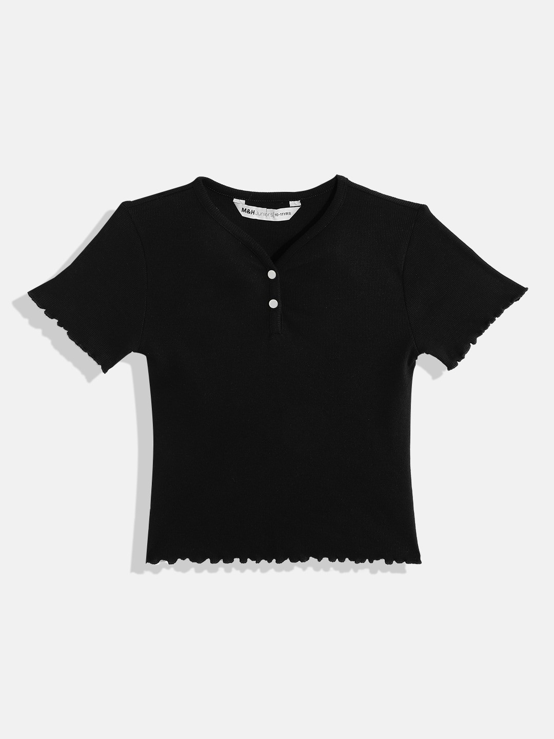 

M&H Juniors Girls Ribbed Henley Neck Top, Black