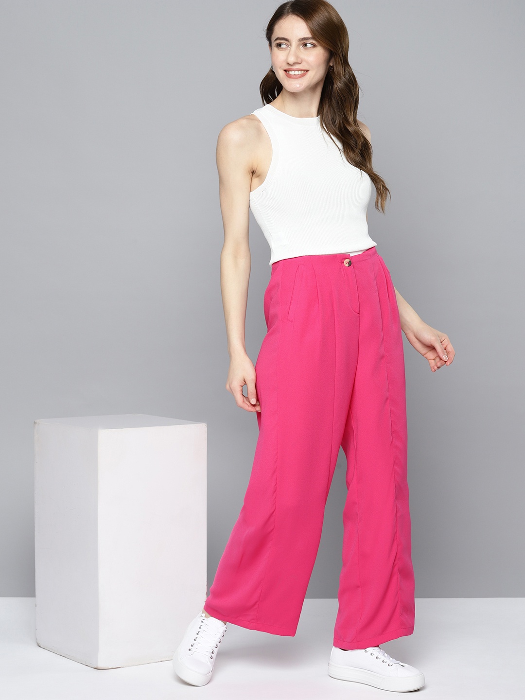 

Mast & Harbour Women Flared Pleated Trousers, Pink