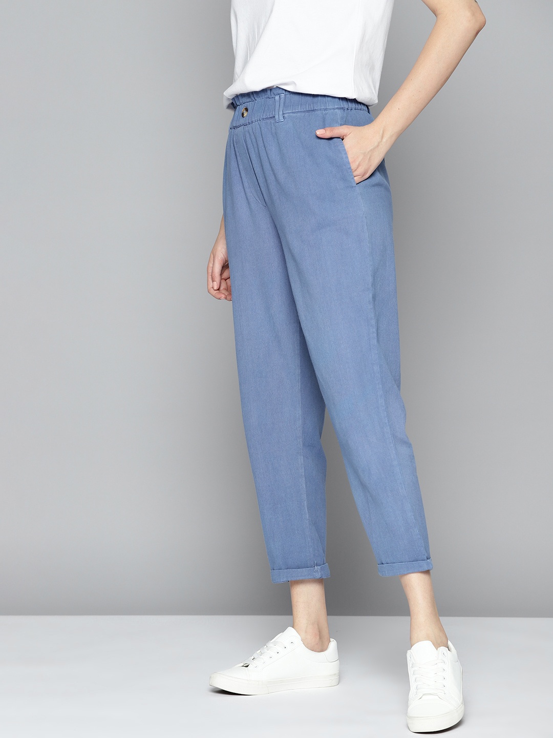 

Mast & Harbour Women Pure Cotton Pleated Crop Trousers, Blue