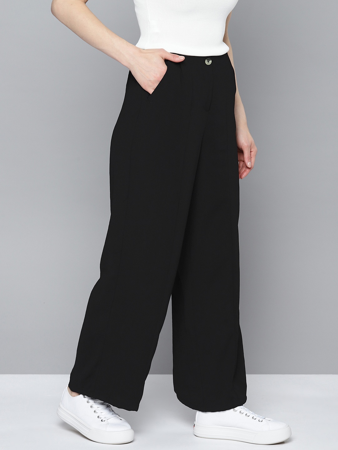 

Mast & Harbour Women Flared Pleated Trousers, Black