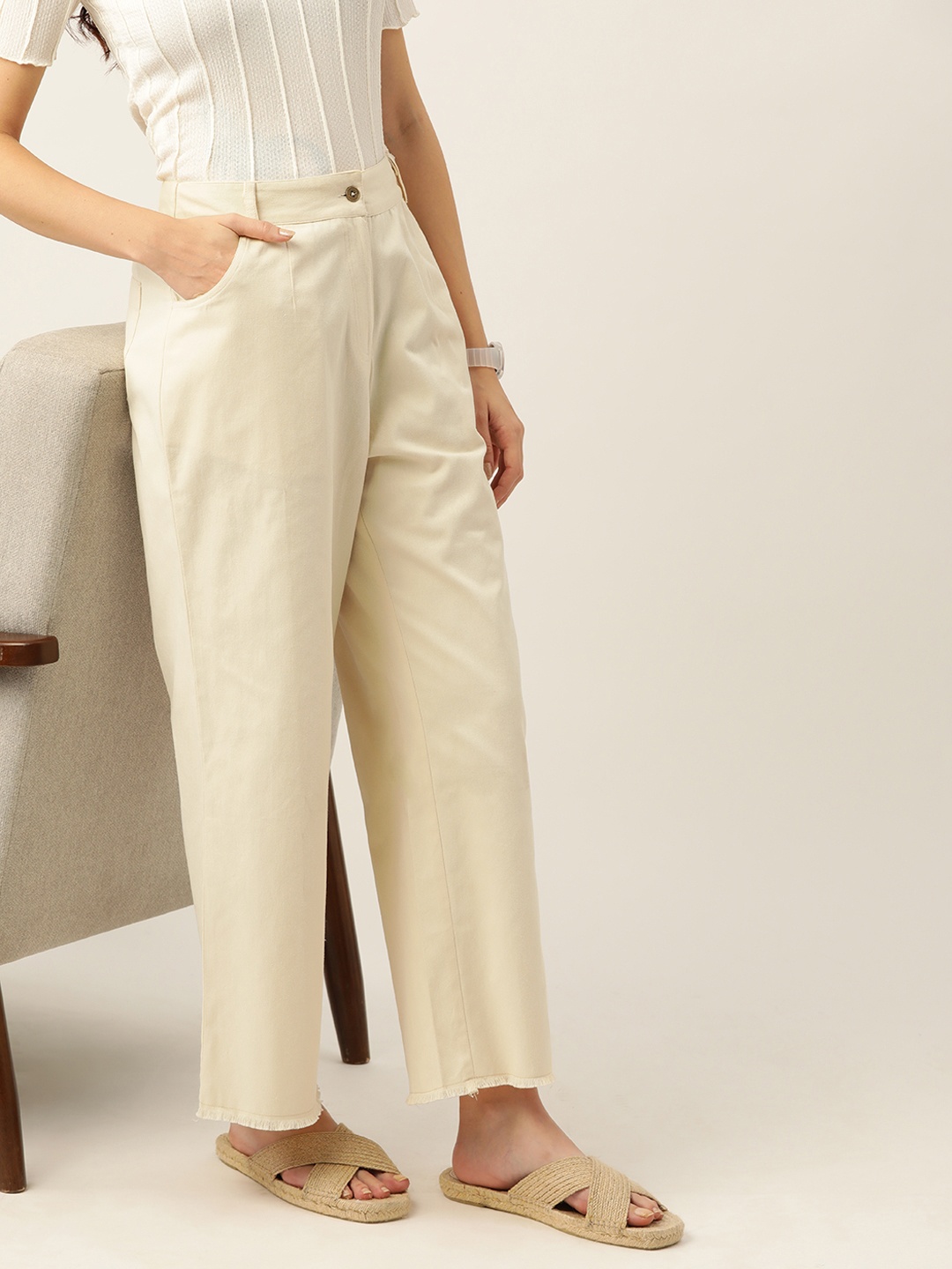 

Mast & Harbour Women High-Rise Pleated Trousers, Cream