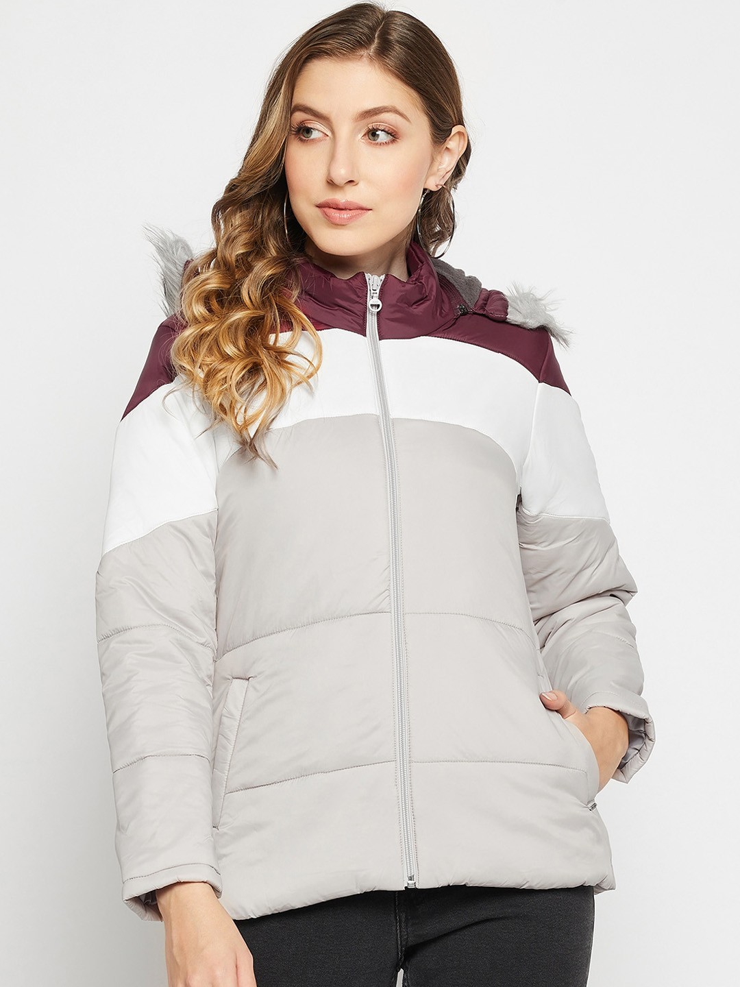 

Duke Women Colourblocked Hooded Padded Jacket, Grey