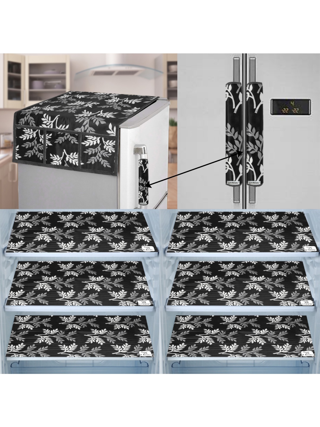 

E-Retailer 9 Pieces Black Printed Durable Non Woven Fridge Appliance covers
