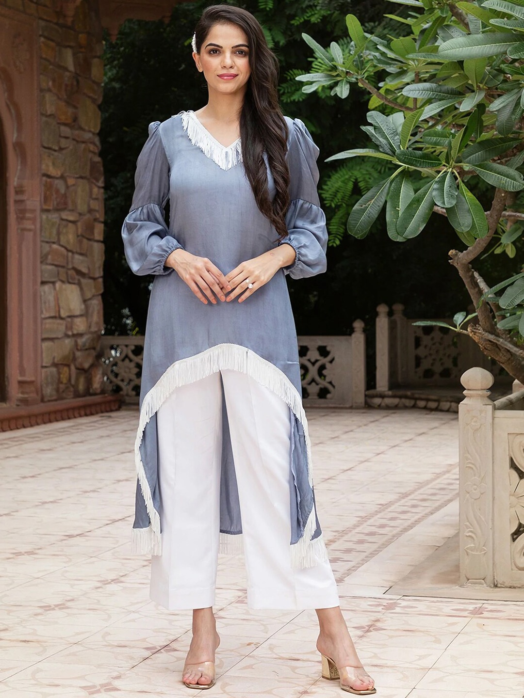

Ambraee Women Satin Tunic & Trousers Co-Ords, Grey