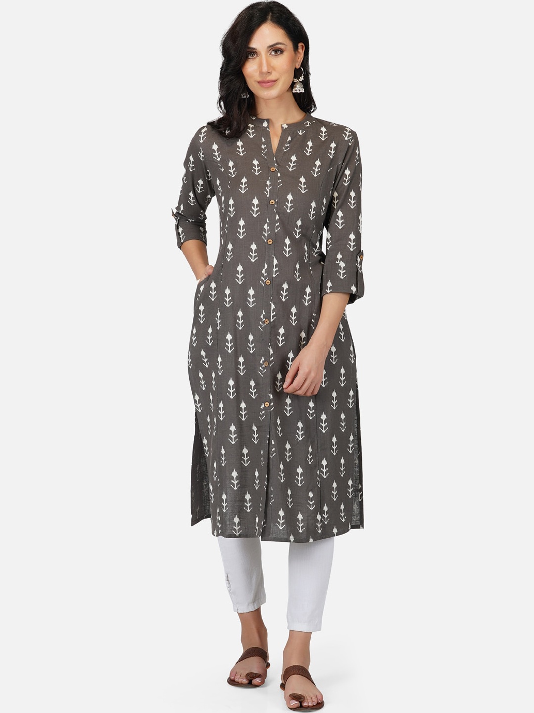 

METRO-FASHION Women Ethnic Motifs Printed Block Print Kurta, Charcoal