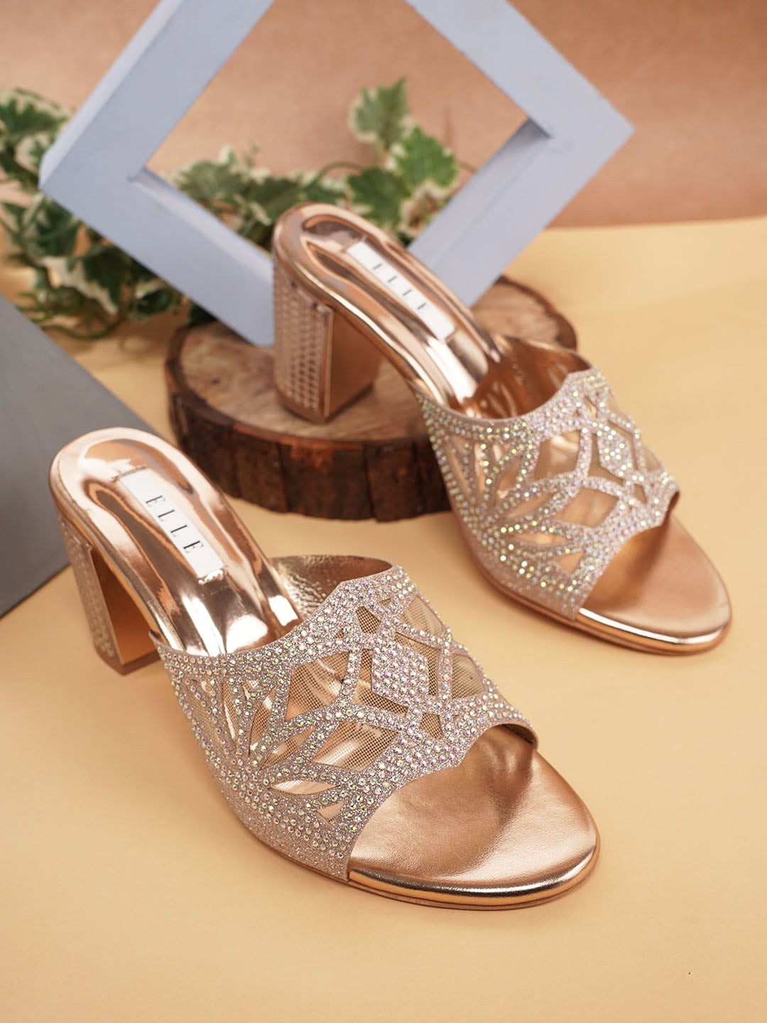 

ELLE Women Embellished Party Block Mules, Rose gold