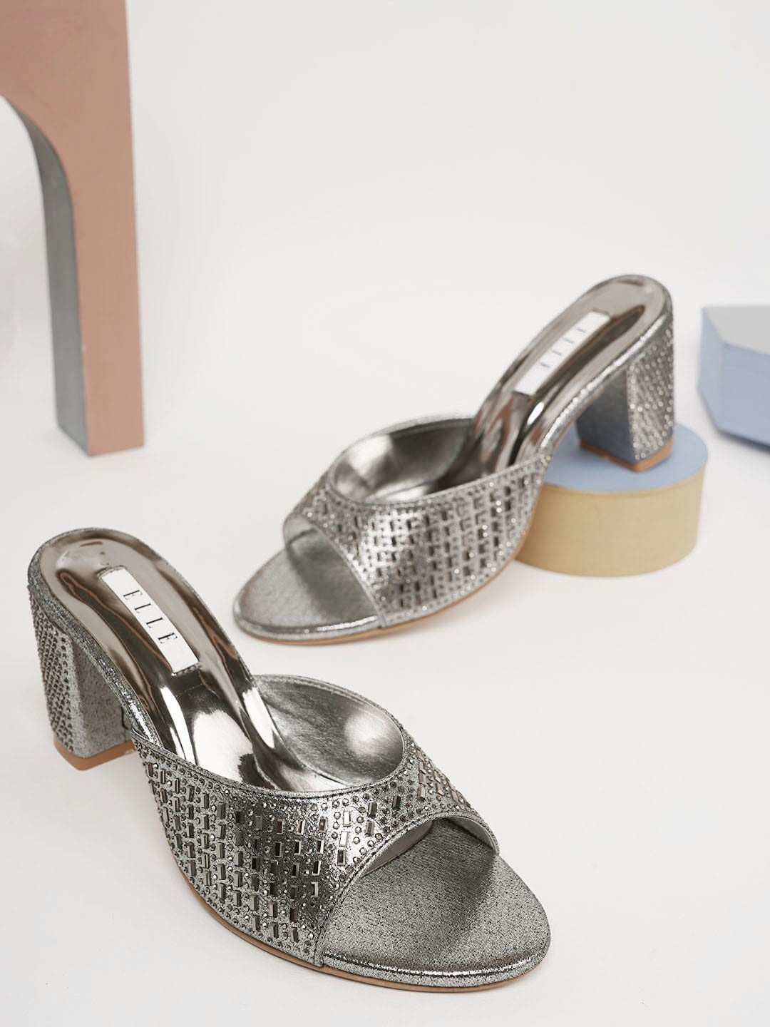 

ELLE Women Embellished Party Block Heels, Silver