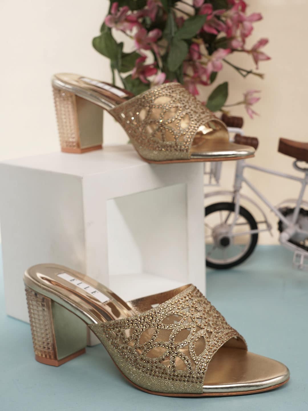 

ELLE Women Embellished Party Block Mules, Gold