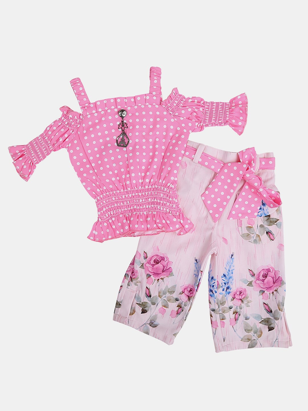 

V-Mart Kids Girls Pure Cotton Printed Top with Trousers, Pink