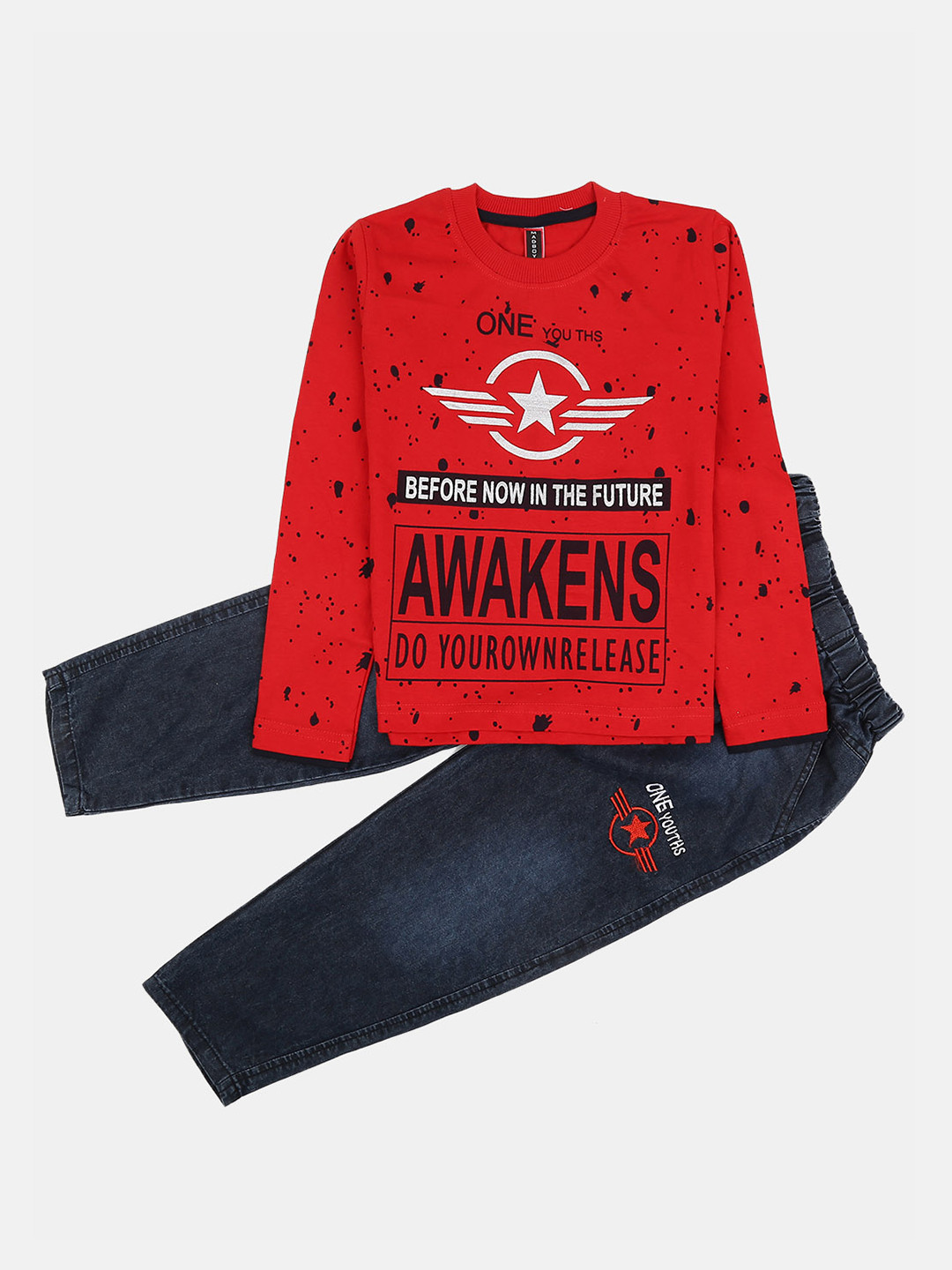 

V-Mart Boys Printed Pure Cotton Round Neck T-shirt with Trousers, Red