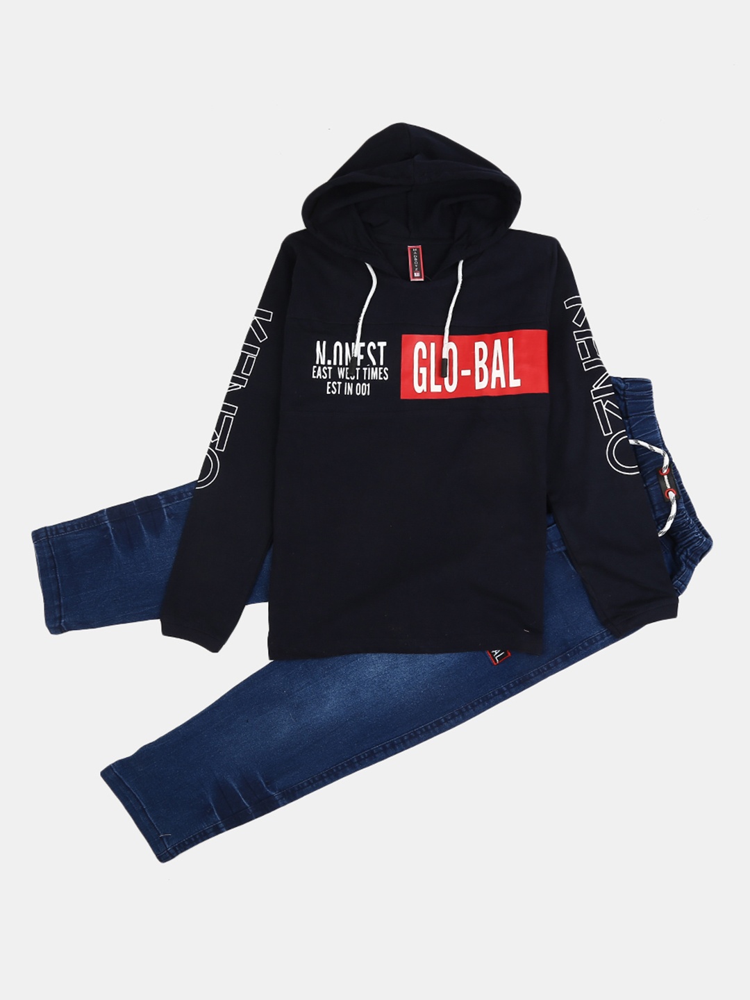

V-Mart Boys Printed Hooded Pure Cotton T-shirt with Trousers, Black